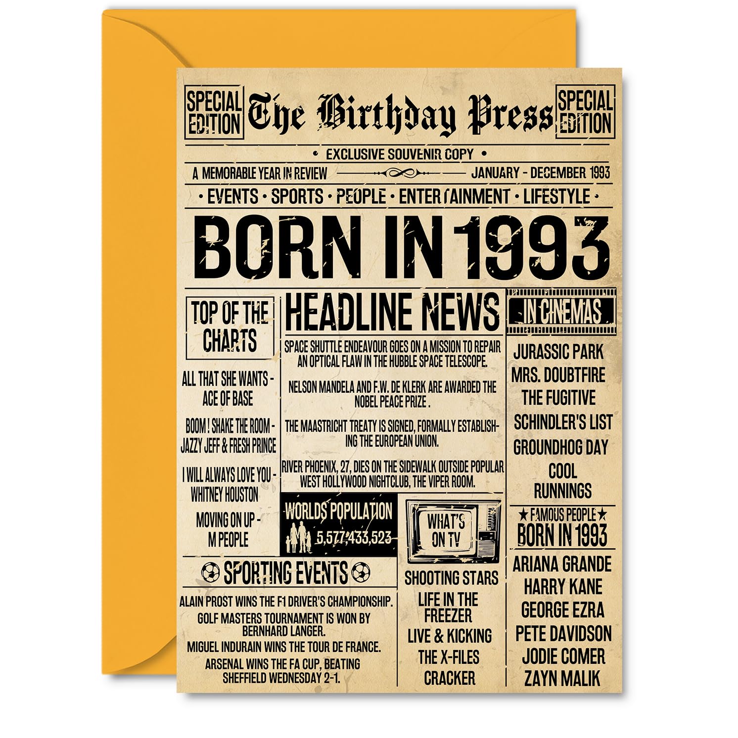 33rd Birthday Card for Women Men - Bday Press Newspaper 1993 - Happy 33 Birthday Cards for Colleague Brother Friend Neighbour Niece Nephew, A5 Bday Greeting Cards