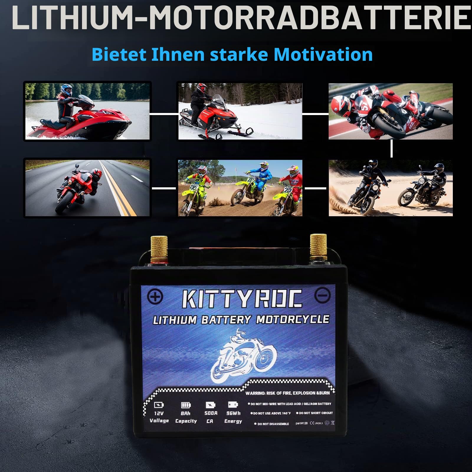 12V 8Ah 500A Lithium Motorrad Batterie, LiFePO4 Batterie, Ersatz ATV, UTV, Motorrad, Rasenmäher, Jetski, Schneemotor, 4 Räder, Traktor, Roller und Generator Batterie