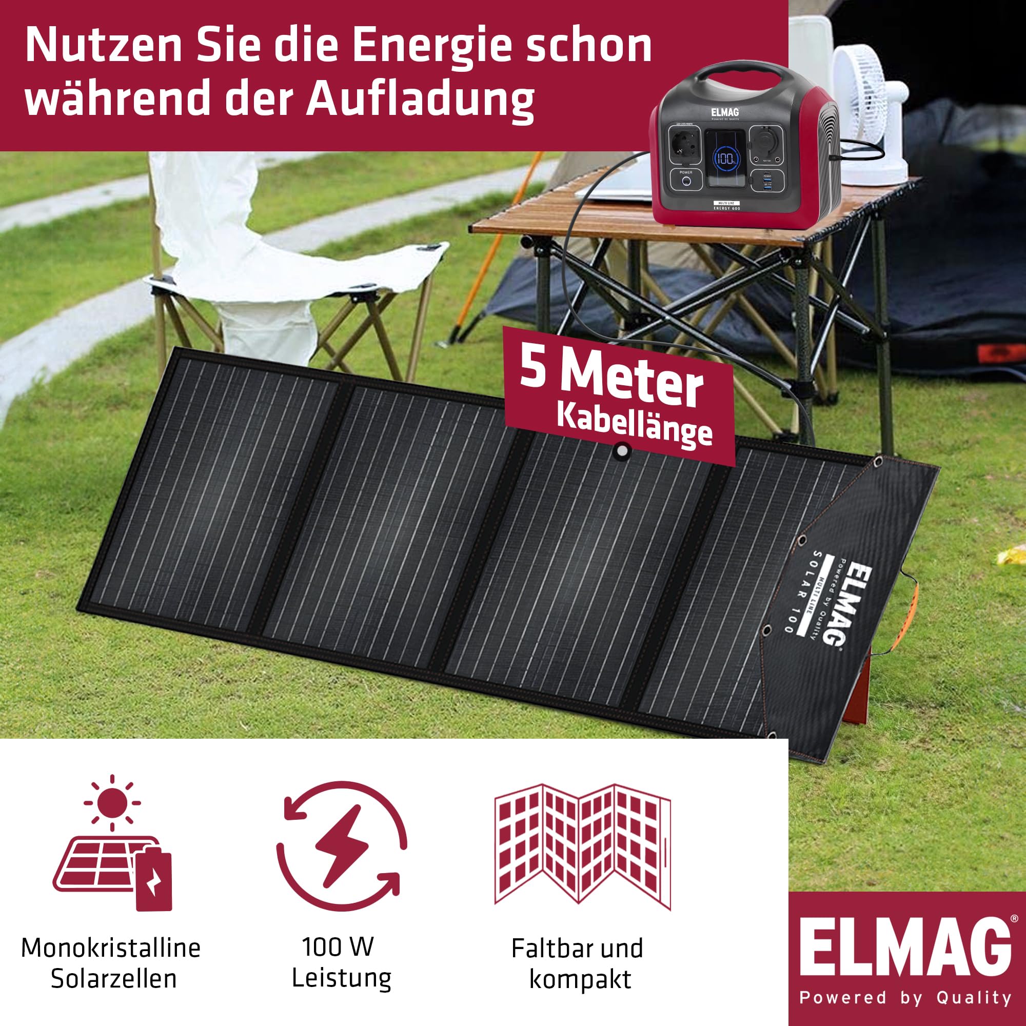 ELMAG Solargenerator-Set Energy 600 + SOLAR 100 595Wh tragbare Powerstation mit faltbarem 100Wp Solarpanel Stromspeicher mit LiFePO4 Akku & 230V AC/DC/USB Ausgabe Für Camping, Outdoor & Notstrom
