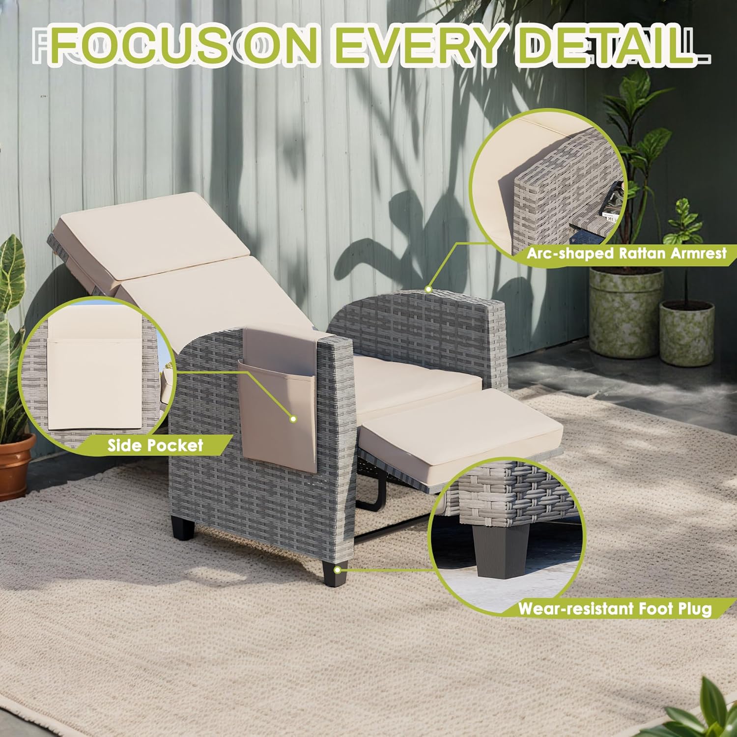Outdoor Recliner Chair, Reclining Patio Chairs with Adjustable Backrest and Extended Footrest, PE Rattan Patio Lounger Chair with Flip Side Table