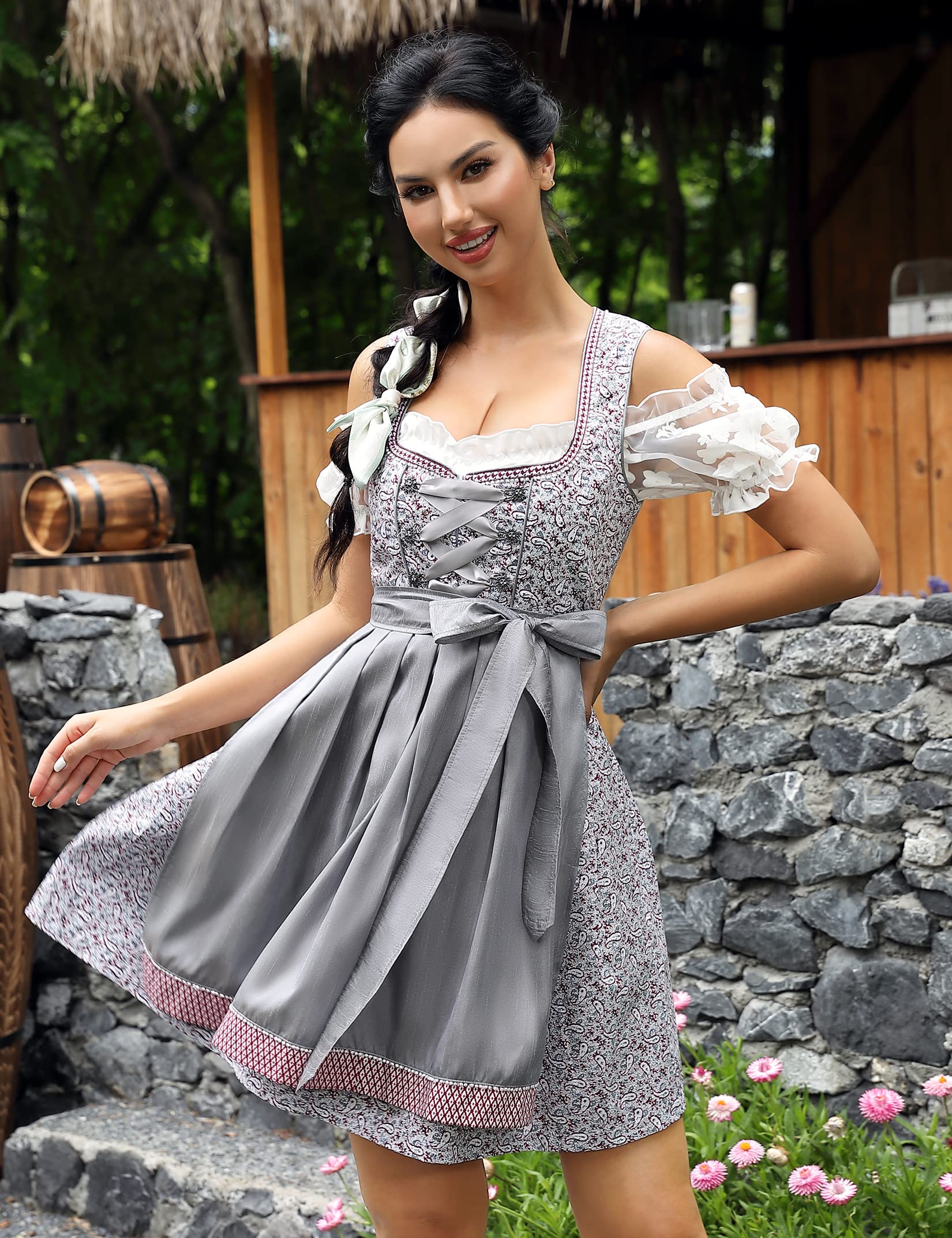 KOJOOIN Abito Donna Dirndl Bavaria Oktoberfest Set 3 Pezzi Camicia e Grembiule Dirndl Manica Corta Grembiule Bavarese Oktoberfest Cameriera Abiti da Festa