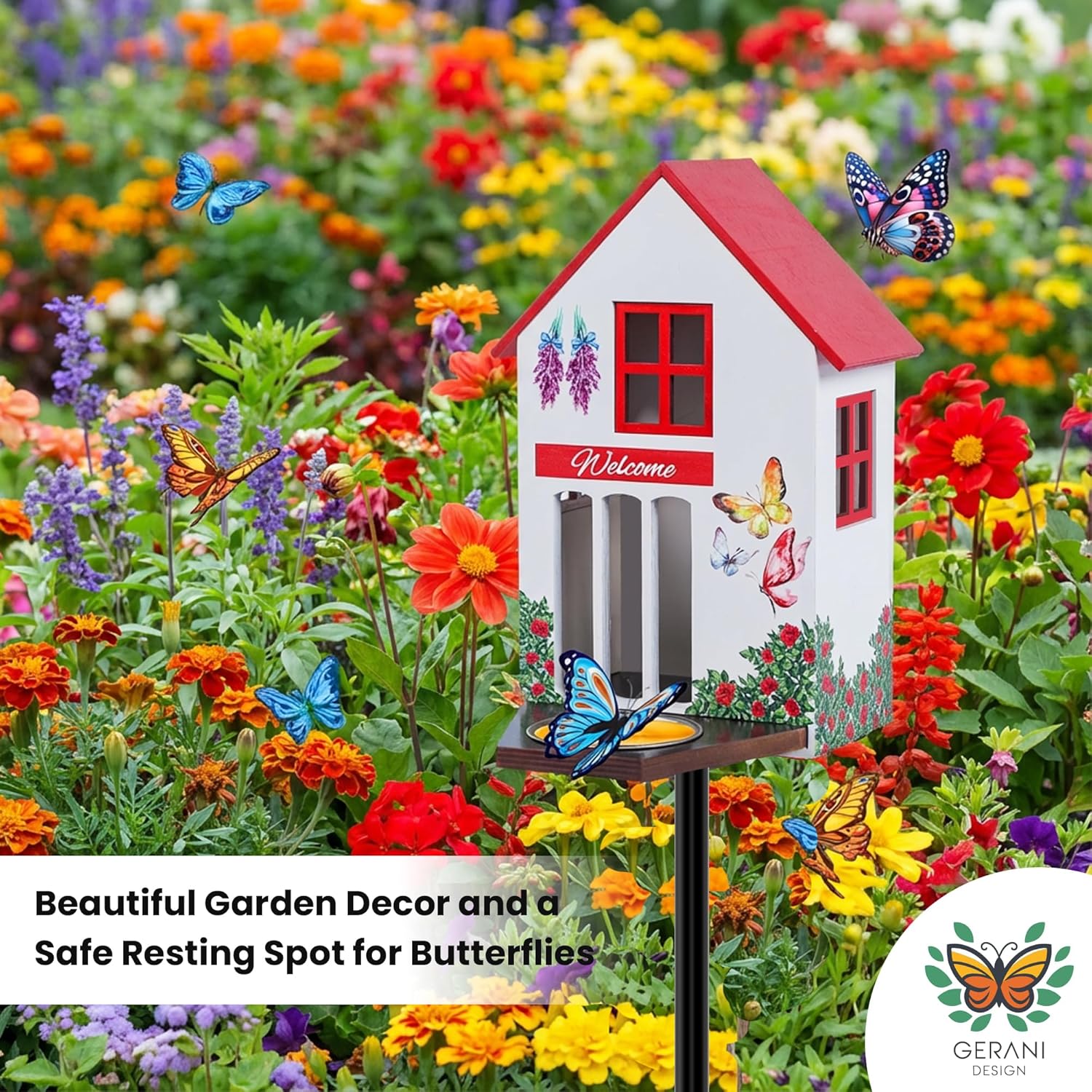 Butterfly House and Feeder for Outside - Wooden Butterfly Shelter with Metal Stake for Garden - 3 Mount Options - Weatherproof - Easy Cleaning – Butterfly Habitat & Garden Decor