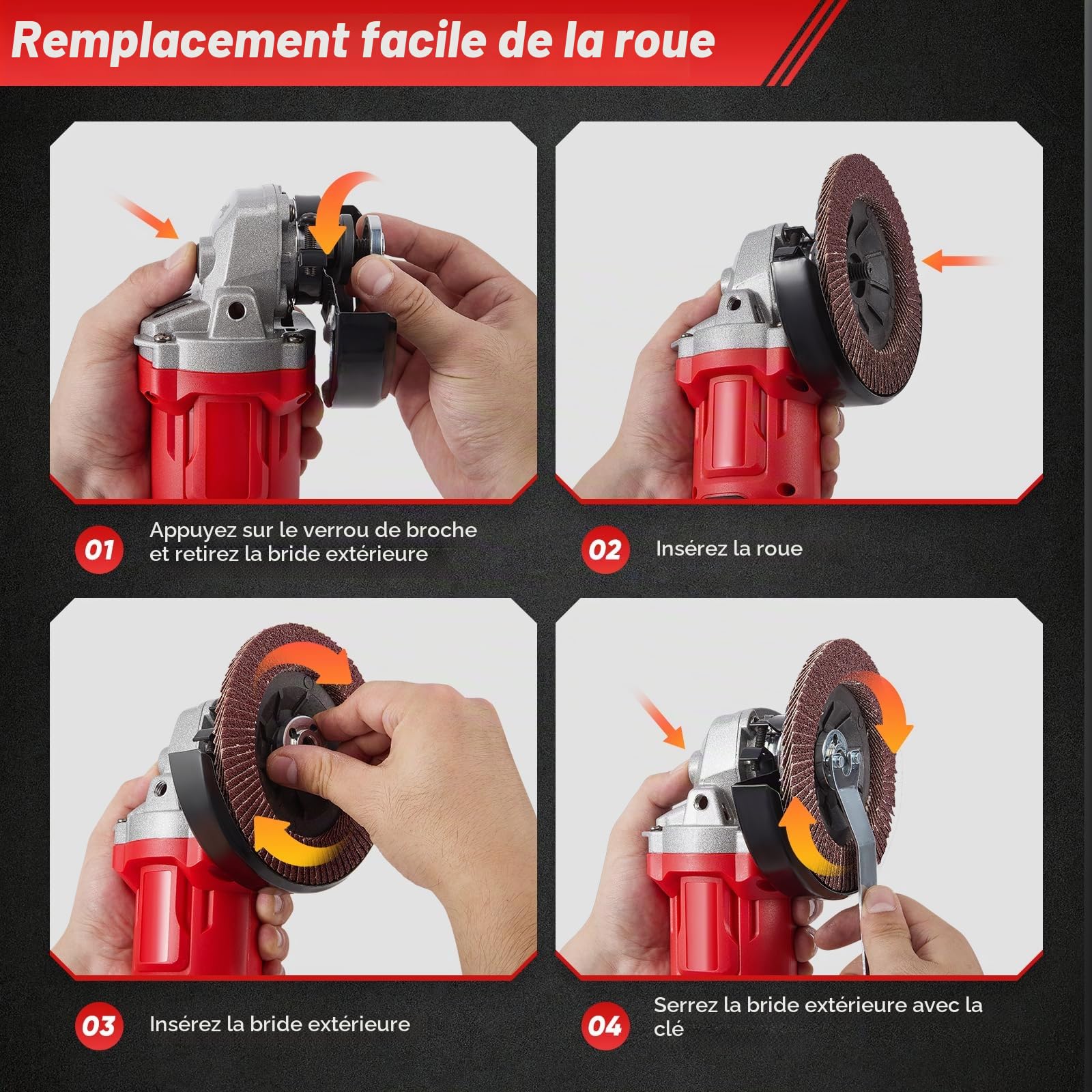 Meuleuse d'angle sans fil sans balais 21 V, vitesse jusqu'à 13500 tr/min Comprend des disques de coupe des disques de meulage et des disques de polissage Équipée de deux batteries 21 V 3,0 Ah