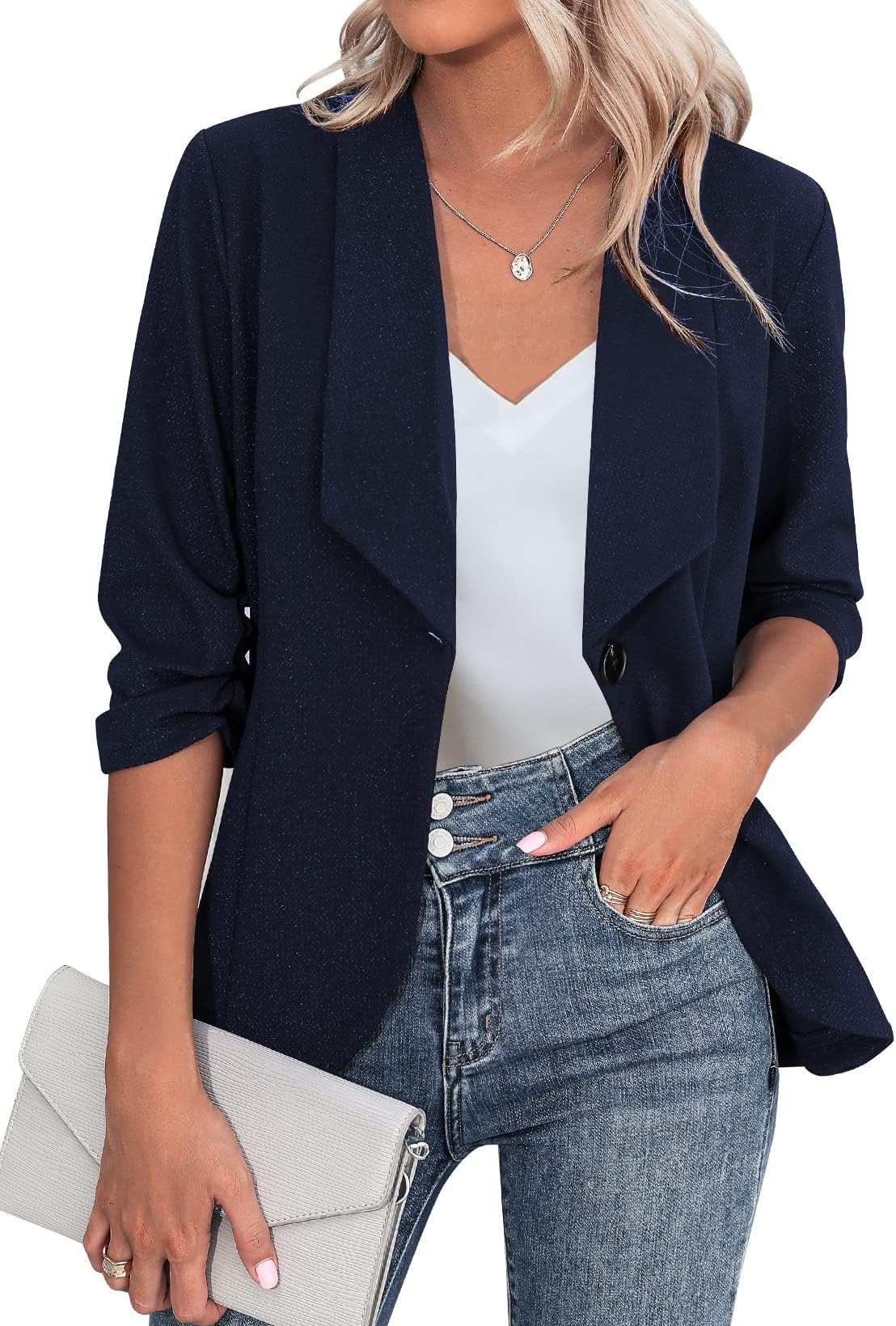 Beyove Women's 3/4 Sleeve Blazer Open Front Blazer Jacket Work Office Plus Size Blazer Navy Blue XXL