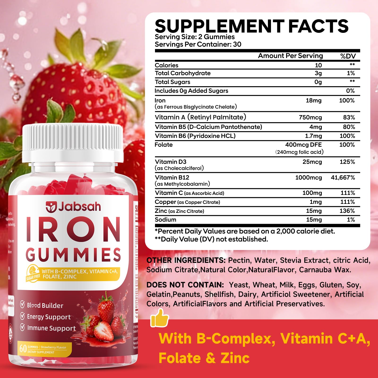 Vegan Iron Gummies for Women & Men, Iron Supplement with B-Complex, Vitamin C, A, Folate for Adults & Kids - Blood Builder & Energy Support & Immune Health - Strawberry Flavor, 60 Gummies — Amazon image 2