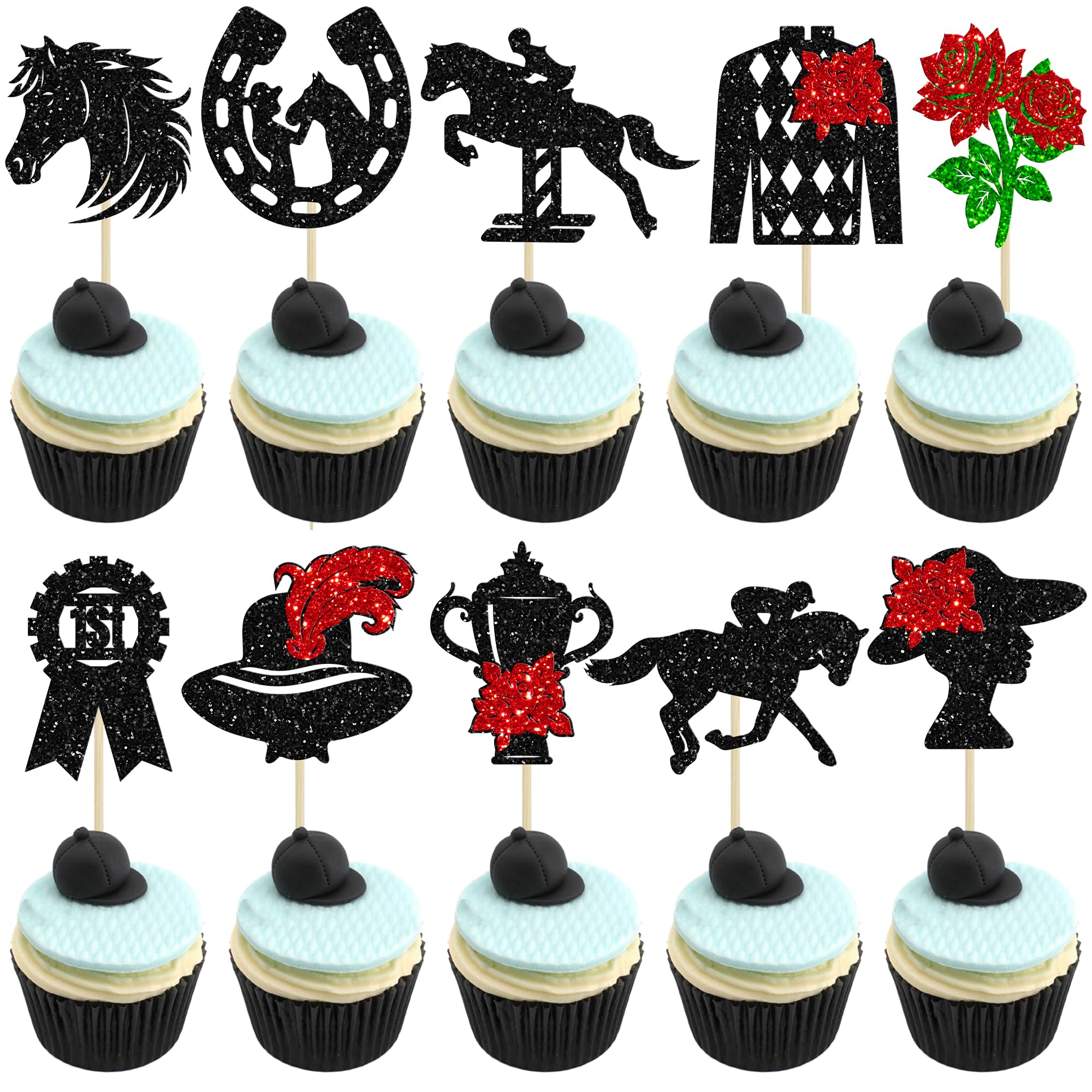 Ephlyn 30Pcs Derby Horse Cupcake Toppers Glitter Horse Racing Cupcake Pick Decorations for Kentucky Derby Party Cake Decorations Supplies Black