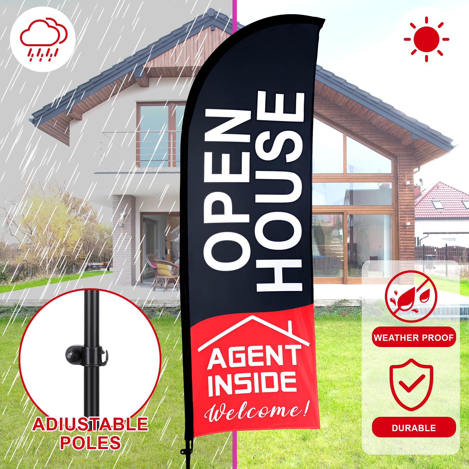 Buryeah 2 Pack Open House Flags Signs for Real Estate Agents 7x5.4 Ft Feather Flag Sign with Flagpole Ground Stake Portable Bag Real Estate Flags Opening Signs Banner Set for Business (Black)