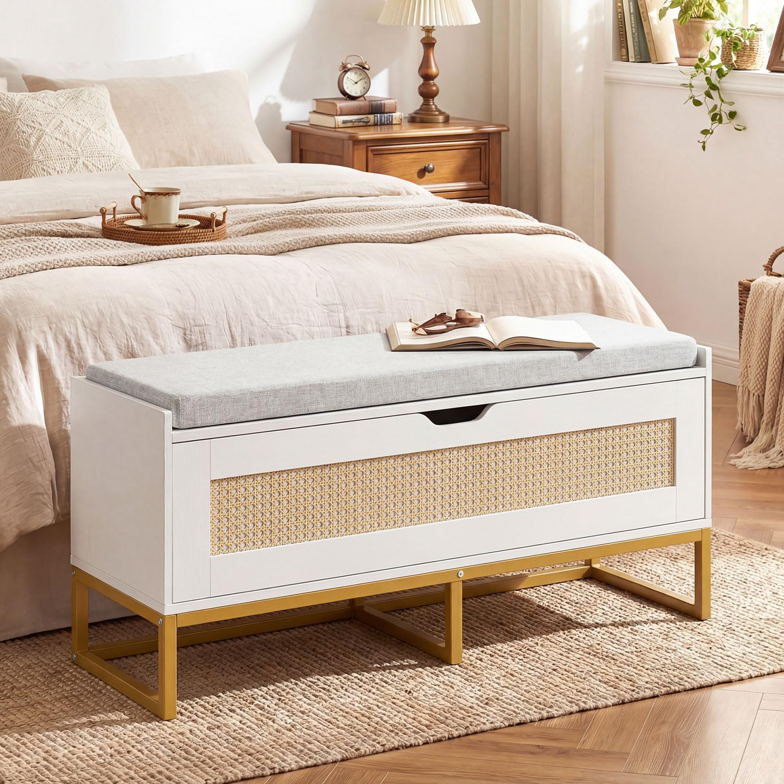 COSTWAY Banc de Rangement en Rotin 100 cm, Banc Chaussures Entrée, Coussin Rembourrée, Couvercle Abattant, Banquette Coffre pour Entrée Salon Chambre, Charge 200 kg, 100 x 35 x 44 cm (Blanc)