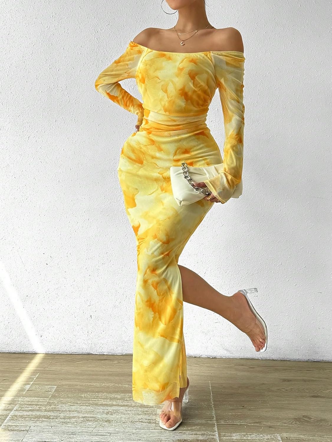 LIGHT DOT Women's Printed Off Shoulder Maxi Dress Long Sleeve Bodycon Ruched Mesh Cocktail Dress - Image 5