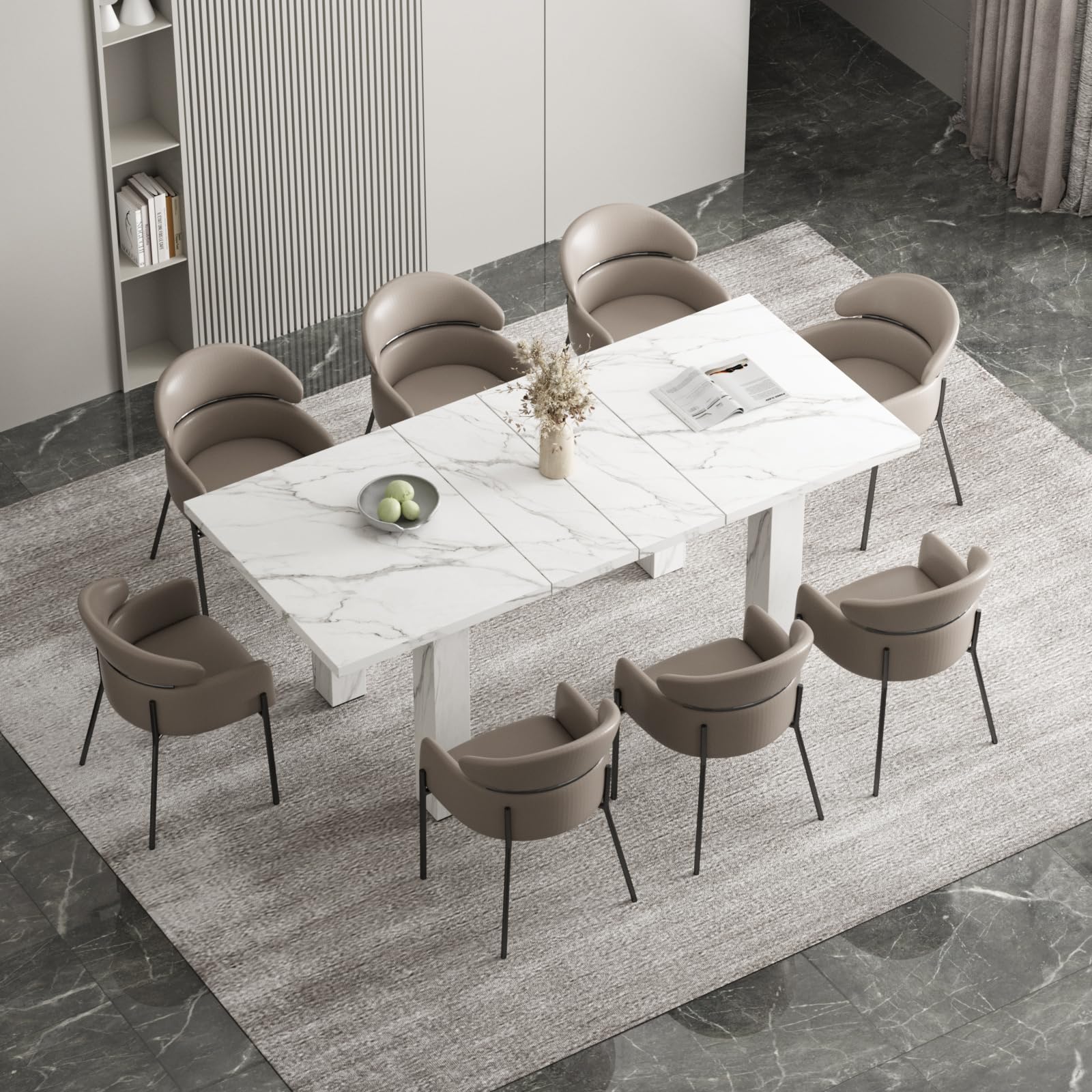 Vabches Extendable Dining Table for 6 8 10, 55'' to 78" Wood Kitchen Table Mid Century Modern Large Transformer Rectangle Dining Room Table Space Saving for Small Apartment Conference, White Marble