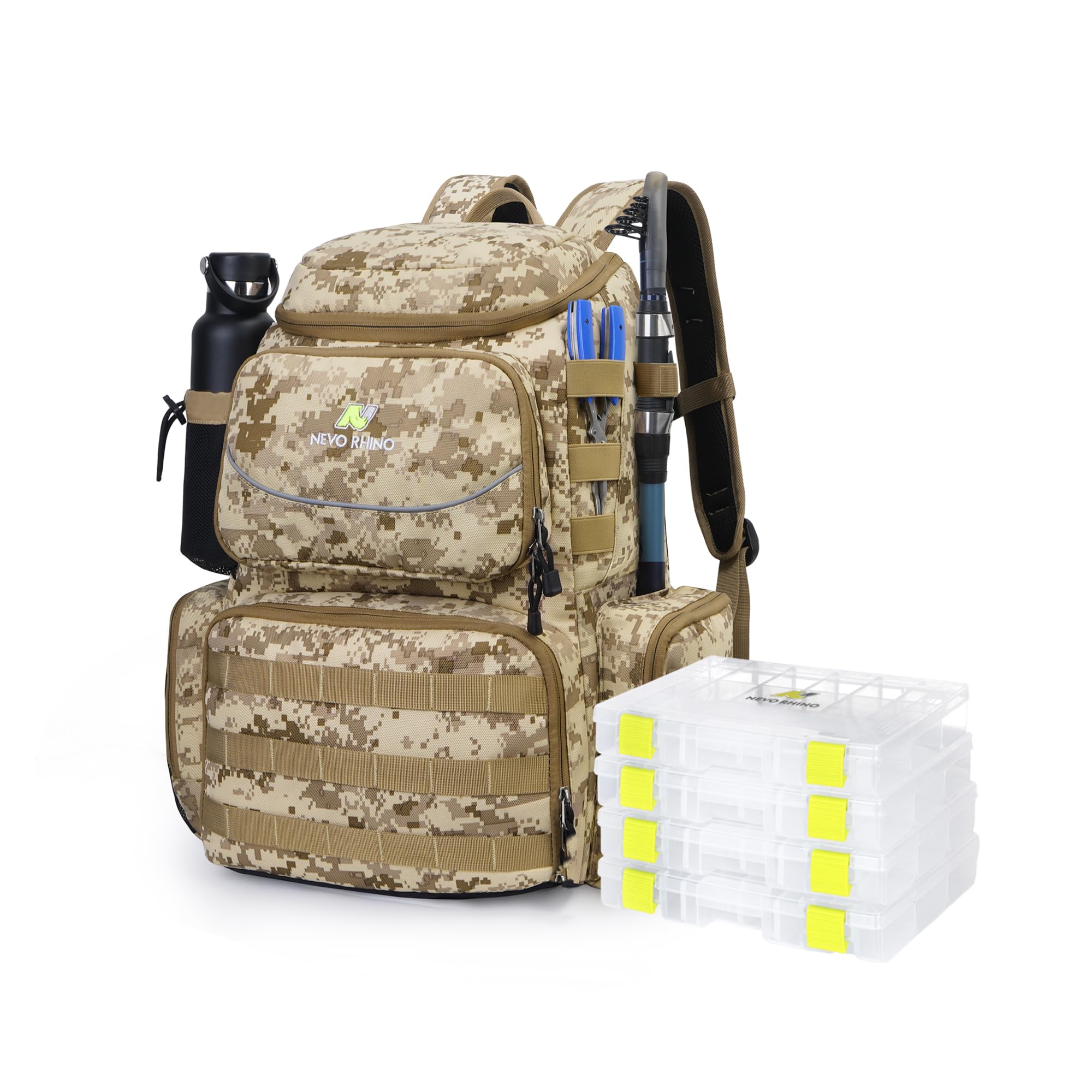 N NEVO RHINO Fishing Tackle Backpack with Rod Holders, 40L Large Fishing Bag with Waterproof Rain Cover,Outdoor Tackle Bag