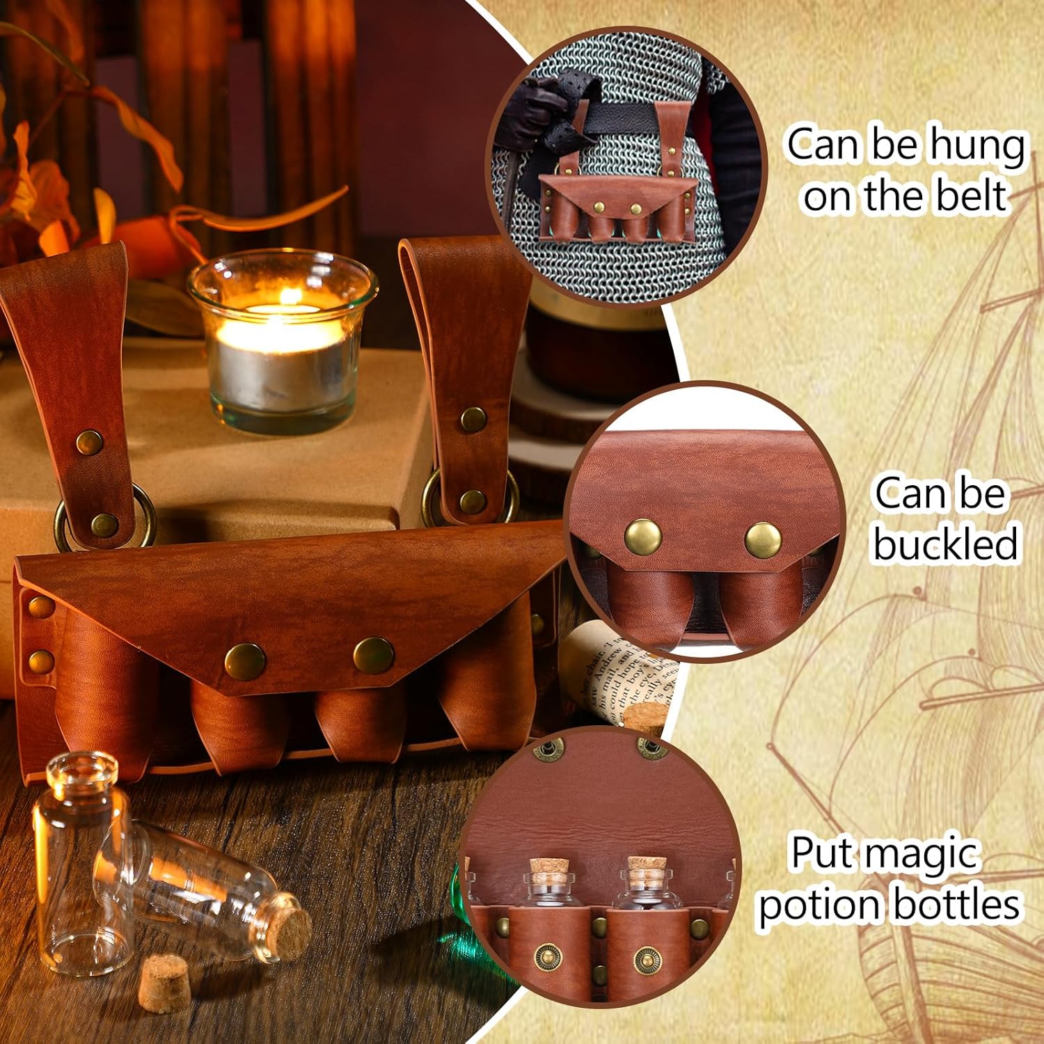 Halloween Medieval Alchemy Faux Leather Potion Bottle Belt Holder with 4 Cork Potion Vials Renaissance Fantasy Wizard Pouch with Belt Loop for Cosplay Costume Accessories, Brown - Image 3