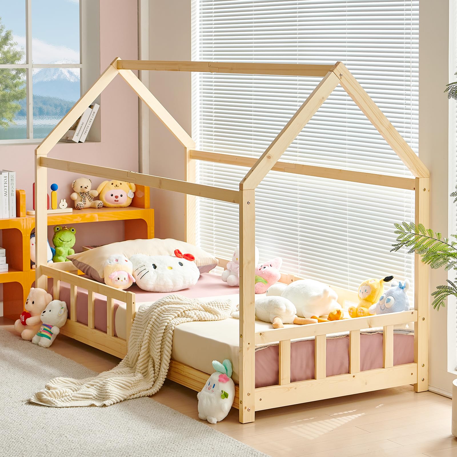 Cama Infantil 90x190cm Cama Montessori con Protección Anticaída y Somier, Estructura Listones de Madera de Pino Maciza Color Natural Forma de Casa