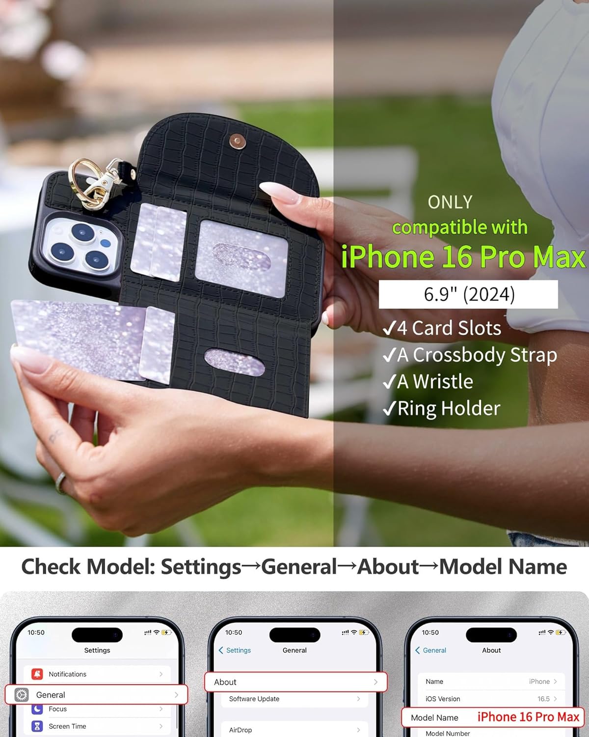 Crossbody Wallet Case for iPhone 16 Pro Max with Detachable Wrist Strap, RFID Blocking 4 Card Holder Purse, PU Leather Shockproof, Ring Holder Kickstand for Women - 6.9", (Black) 6.9" iPhone 16 Pro Max Black