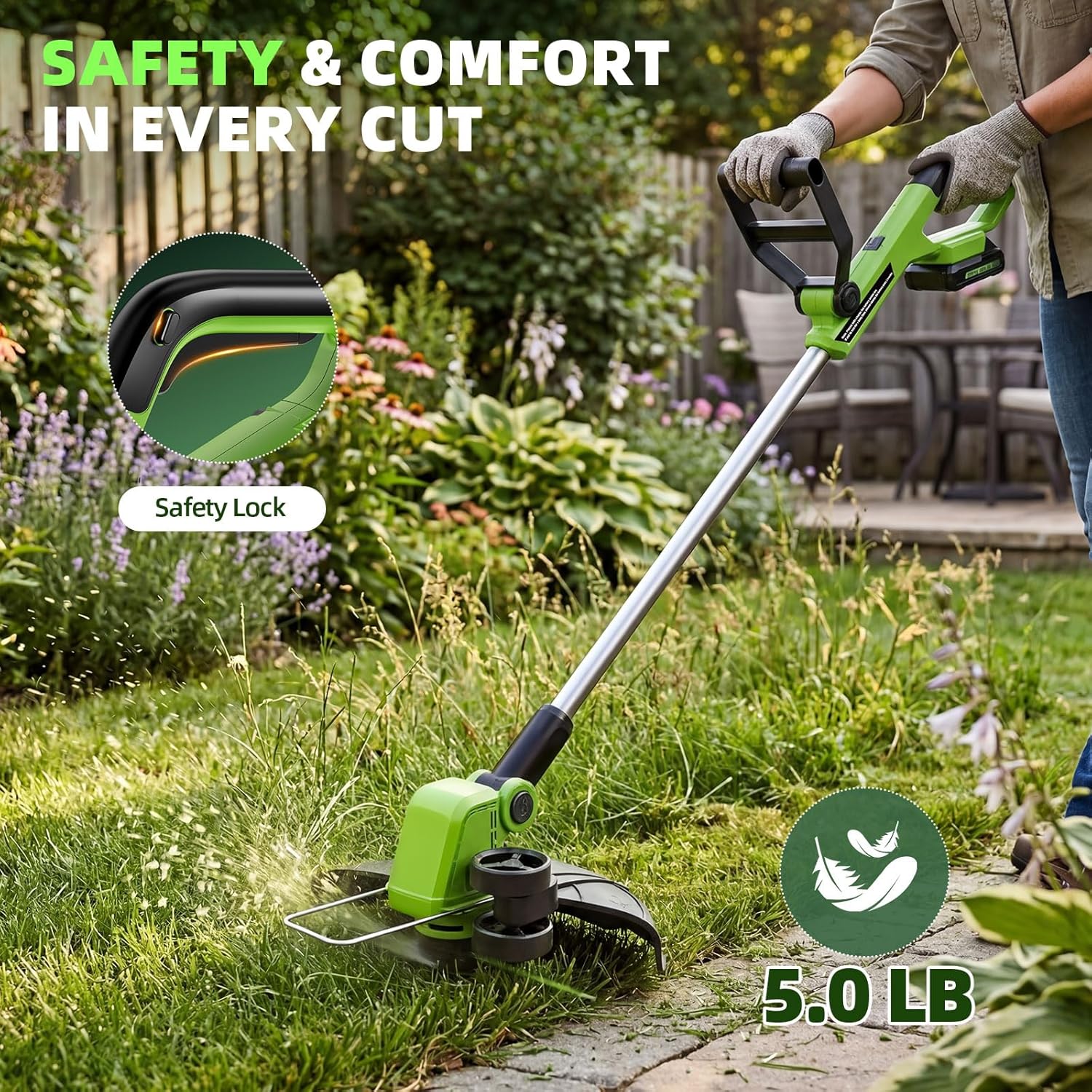 21V Weed Wacker Cordless & Lawn Edger, 9000RPM Electric Weed Eater with 2x2.0Ah Battery, 12" Auto Line Feed String Trimmer with 8 Pcs Spools, Lightweight Edger Lawn Tool for Yard, Green