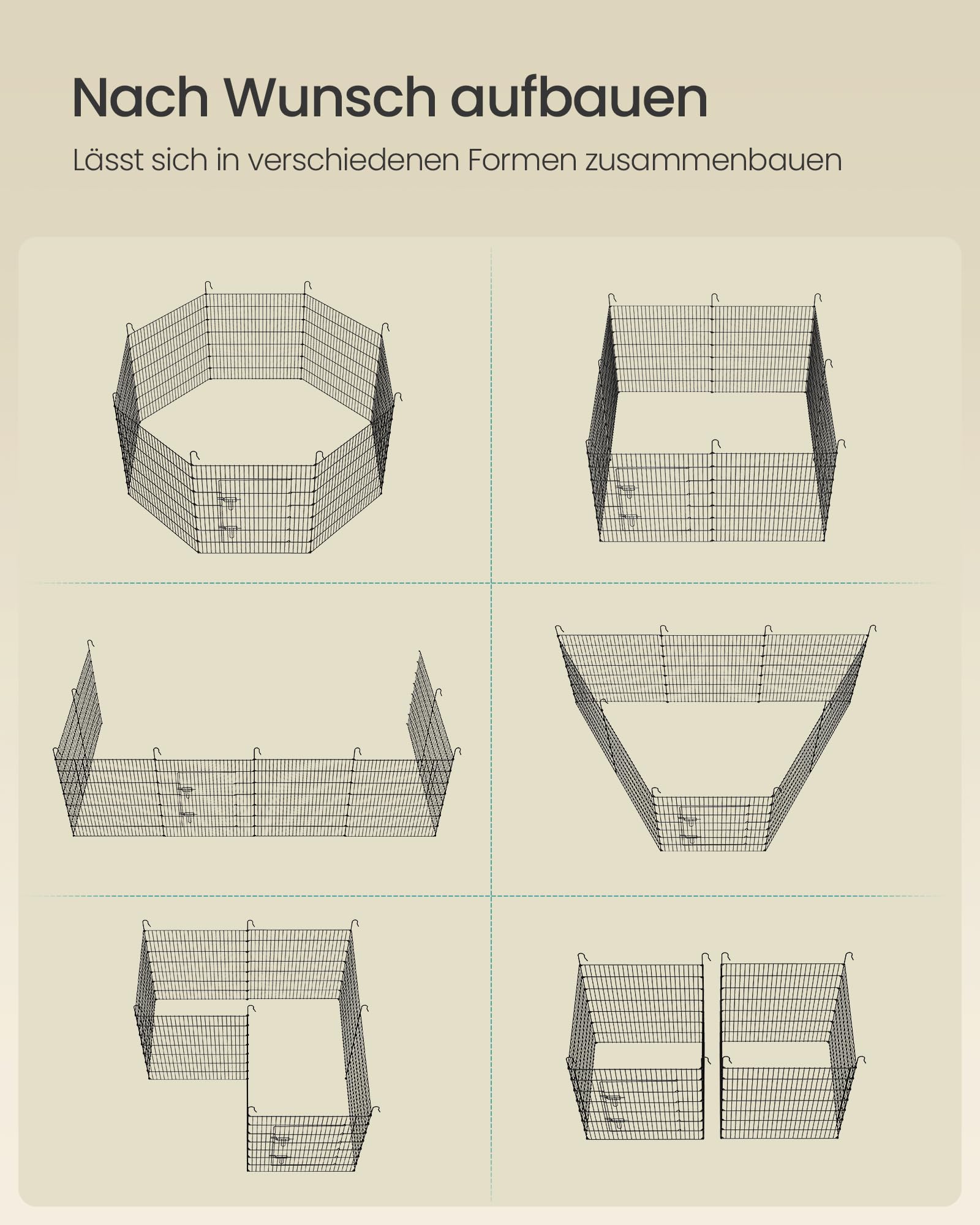 SONGMICS Kleintiergehege, Freilaufgehege mit Abdeckung, Gehege, atmungsaktiv, Sonnenschutz, für Kaninchen, Meerschweinchen, 8 Gitterplatten, 175 x 175 x 80 cm, tintenschwarz LPI021BH01