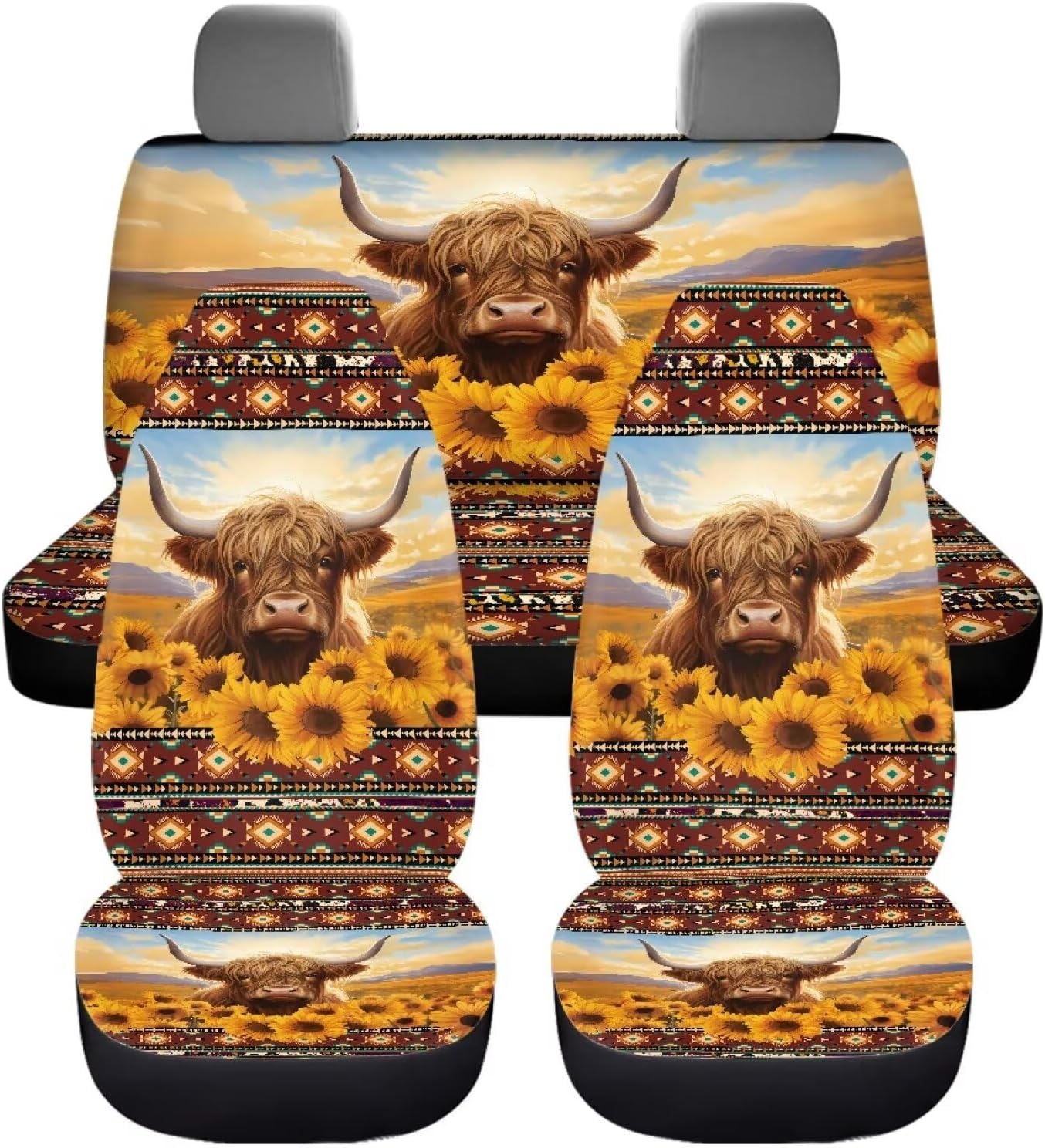 Highland Cow Print Car Seat Cover Full Set with Front Seat Covers and Rear Split Bench Seat Cover, Sunflower Aztec Printed Non Slip Car Seat Cover for Women Men, Universal Fits Cars Truck Van and SUV