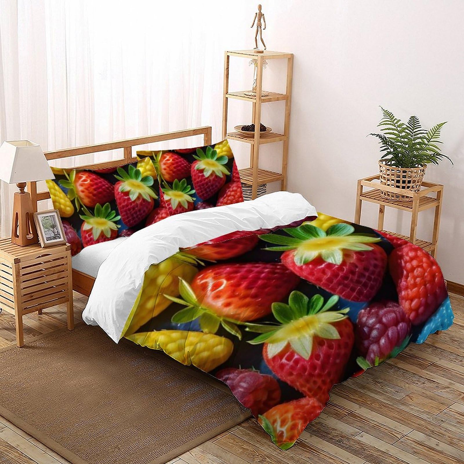 Housse de couette double fraises rouges en microfibre 200x200 cm avec 2 taies