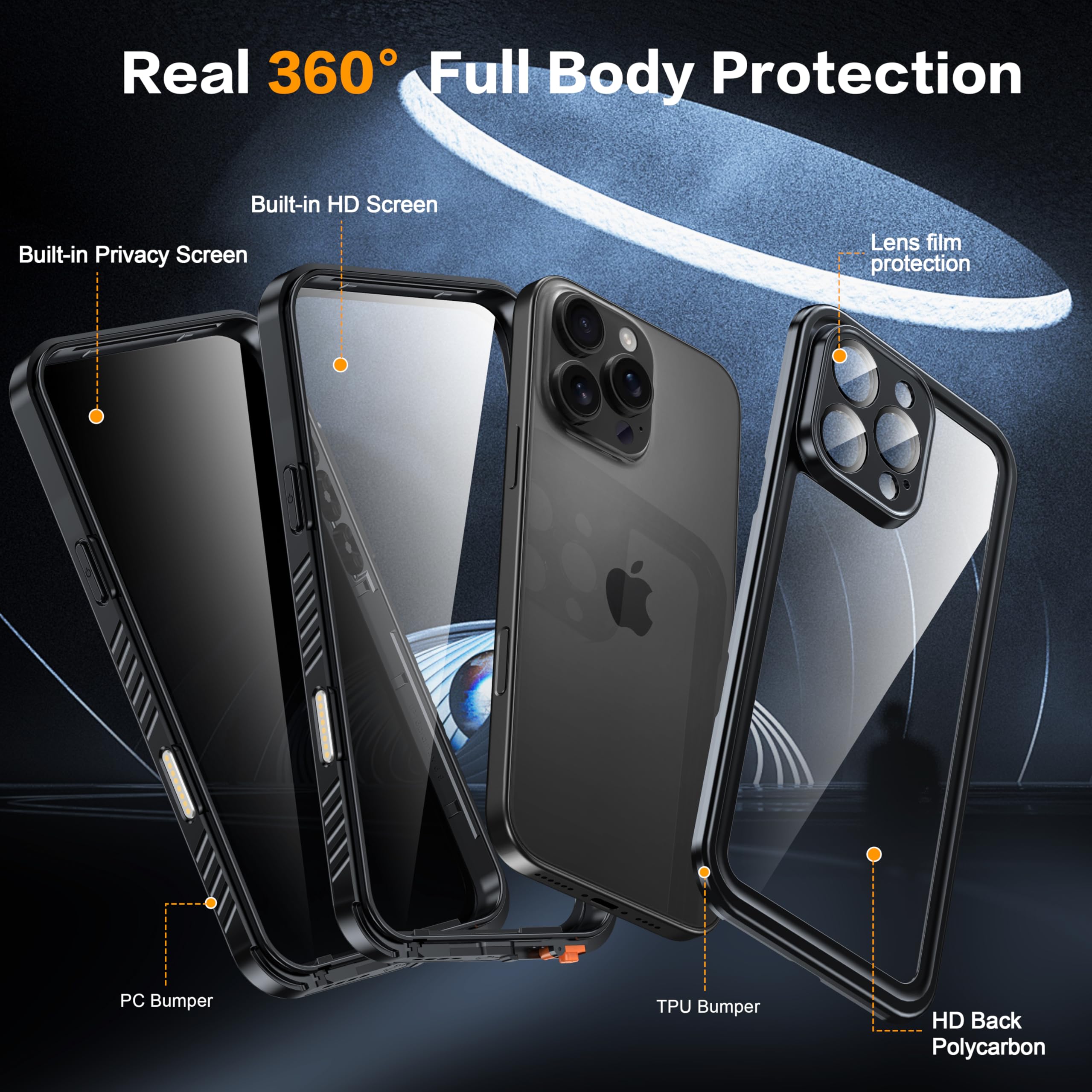 Funda impermeable para iPhone 16 Pro Max, pantalla de privacidad integrada y pantalla HD, marco frontal doble [IP68 bajo el agua] a prueba de golpes y polvo, protección completa para