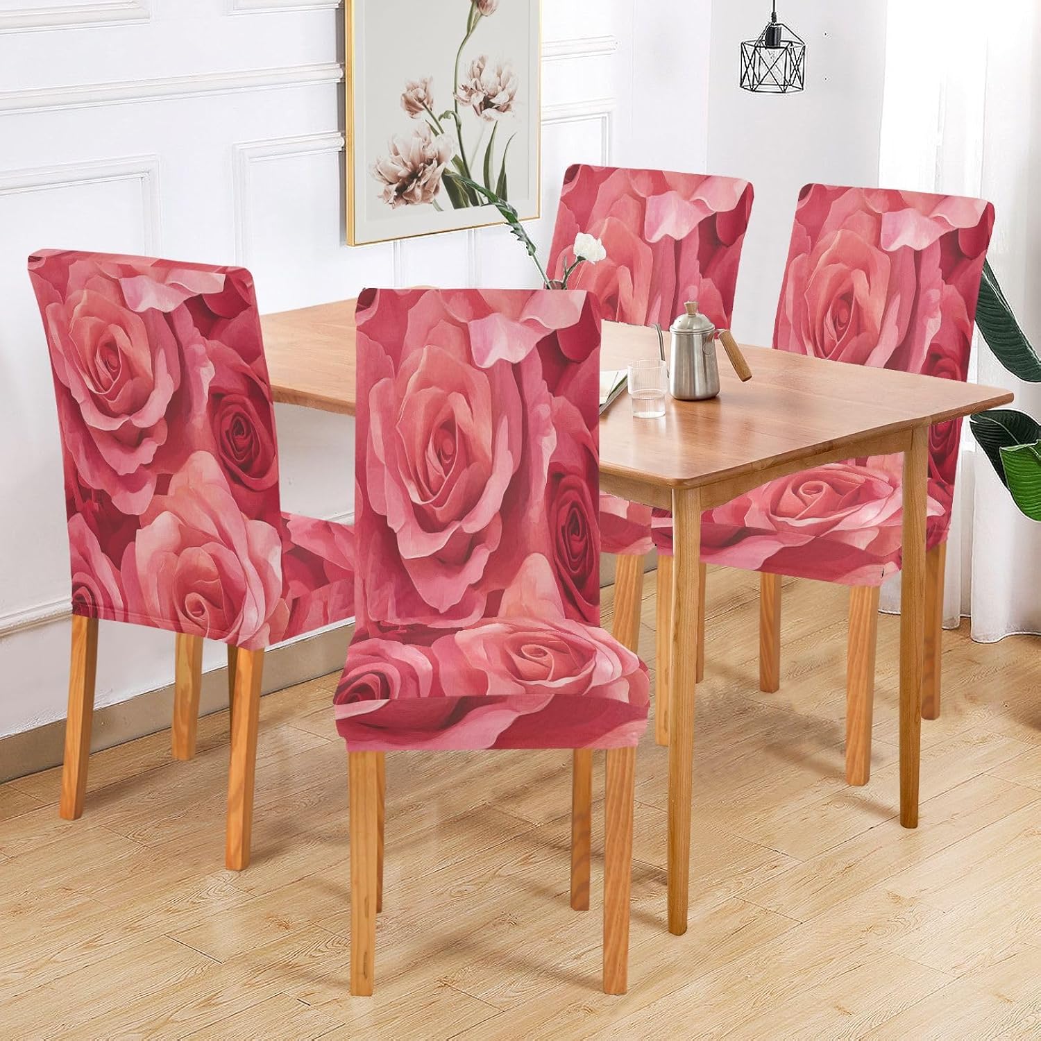 ALAZA Chair Covers for Dining Room, Red Rose Seamless Stretch Chair Cover Sets Chair Protector Removable Washable for Ktichen Restaurant Hotel