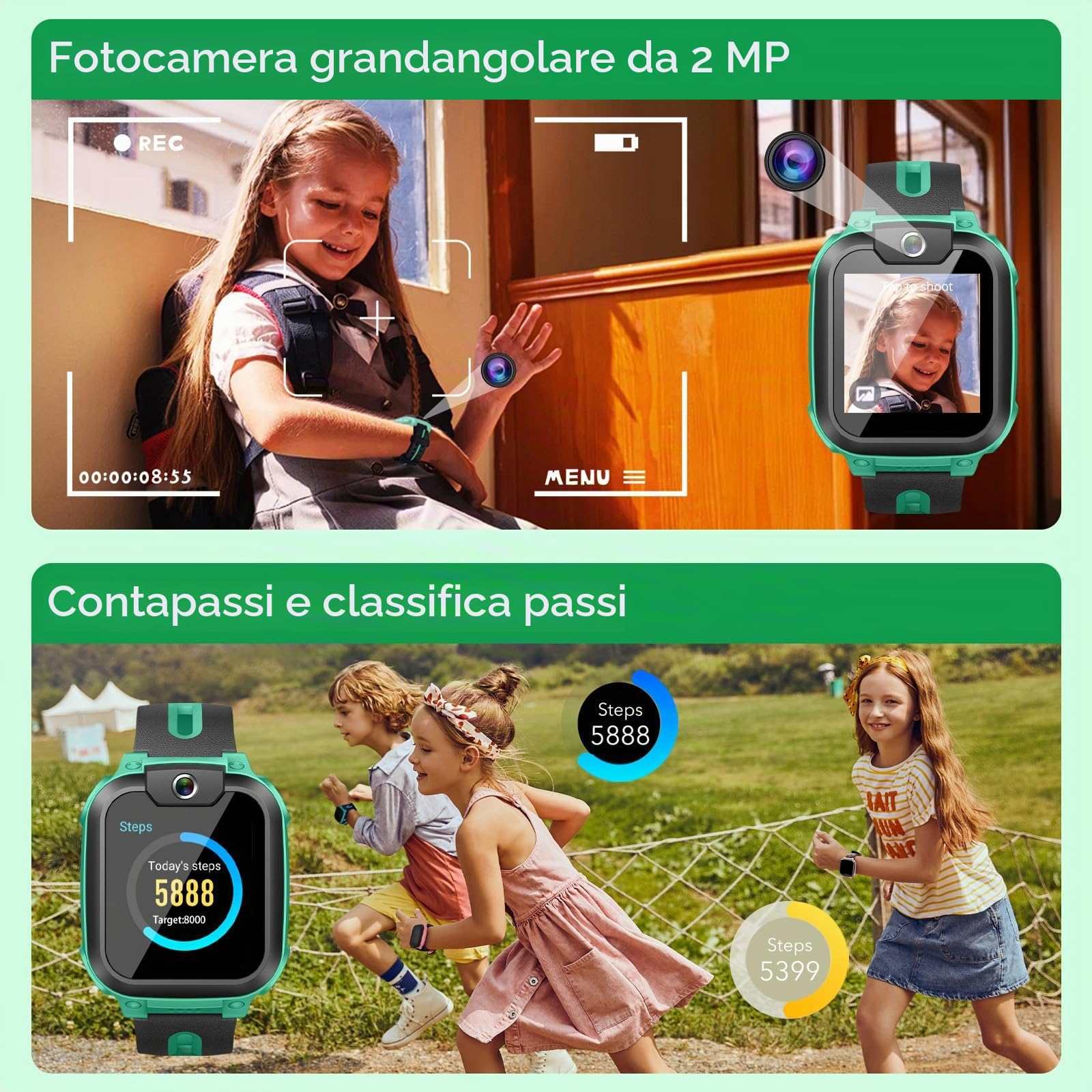 imoo Watch Phone Z1, smartwatch 4G per bambini con videochiamate HD, smartwatch per bambini con posizionamento GPS in tempo reale, IPX8 resistente all'acqua (verde scuro)