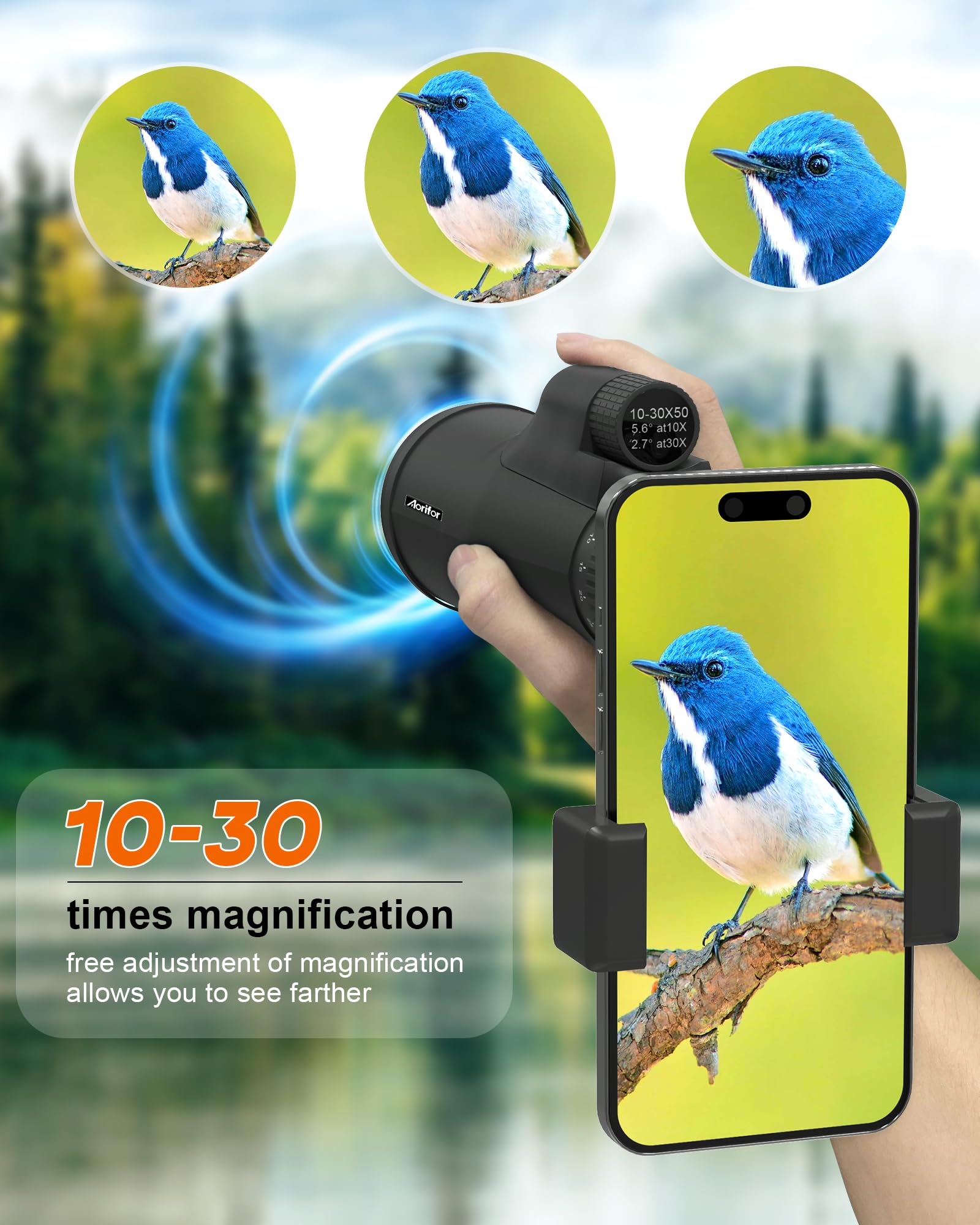Monoculares de 10-30 x 50 para adultos de alta potencia, el monocular es adecuado para todo tipo de actividades al aire libre, el telescopio monocular se puede combinar con soporte para teléfono