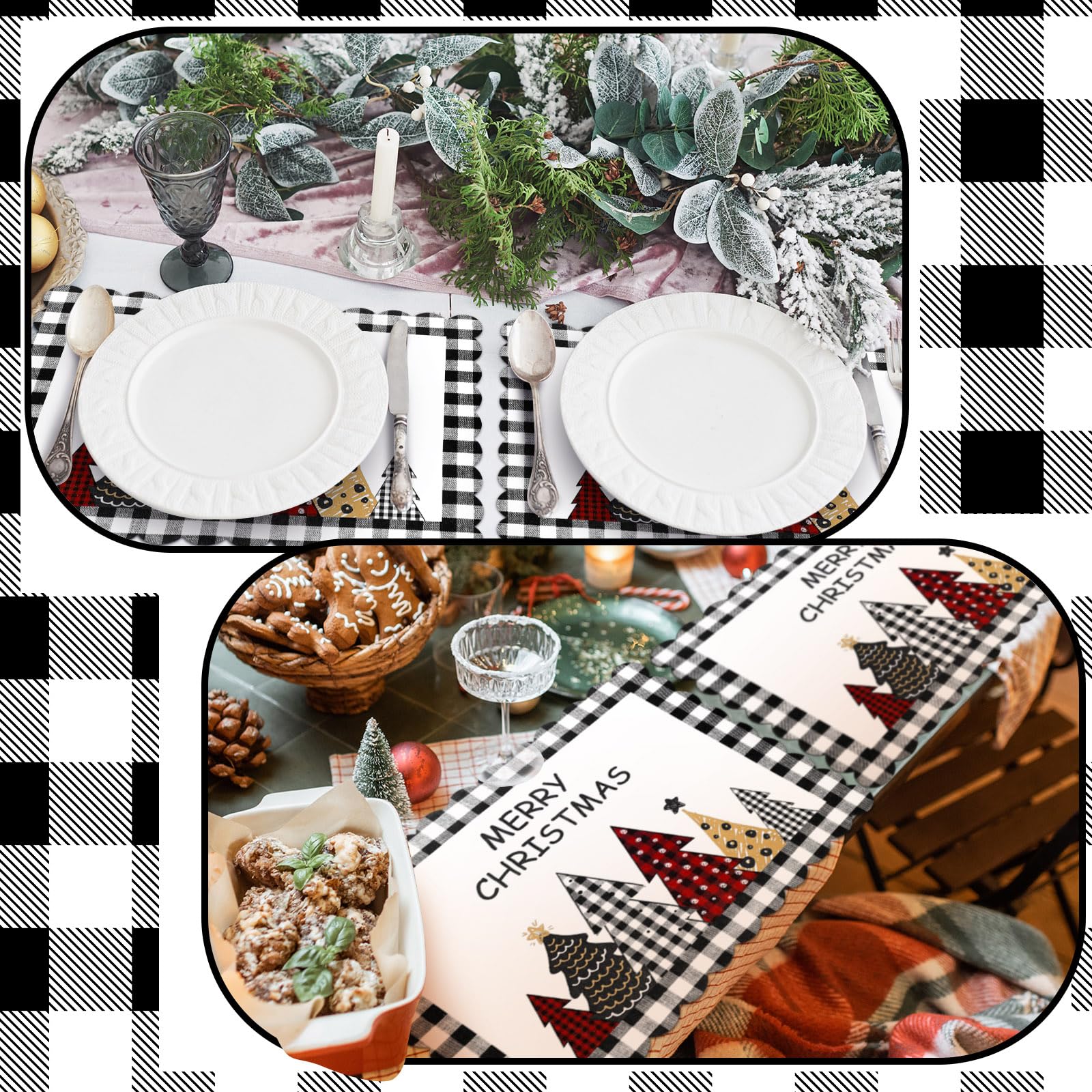 Lallisa 100 manteles individuales de papel de búfalo a cuadros con diseño de árbol de Navidad, color negro y blanco, festoneados, desechables, manteles individuales para mesa de cocina, decoración de