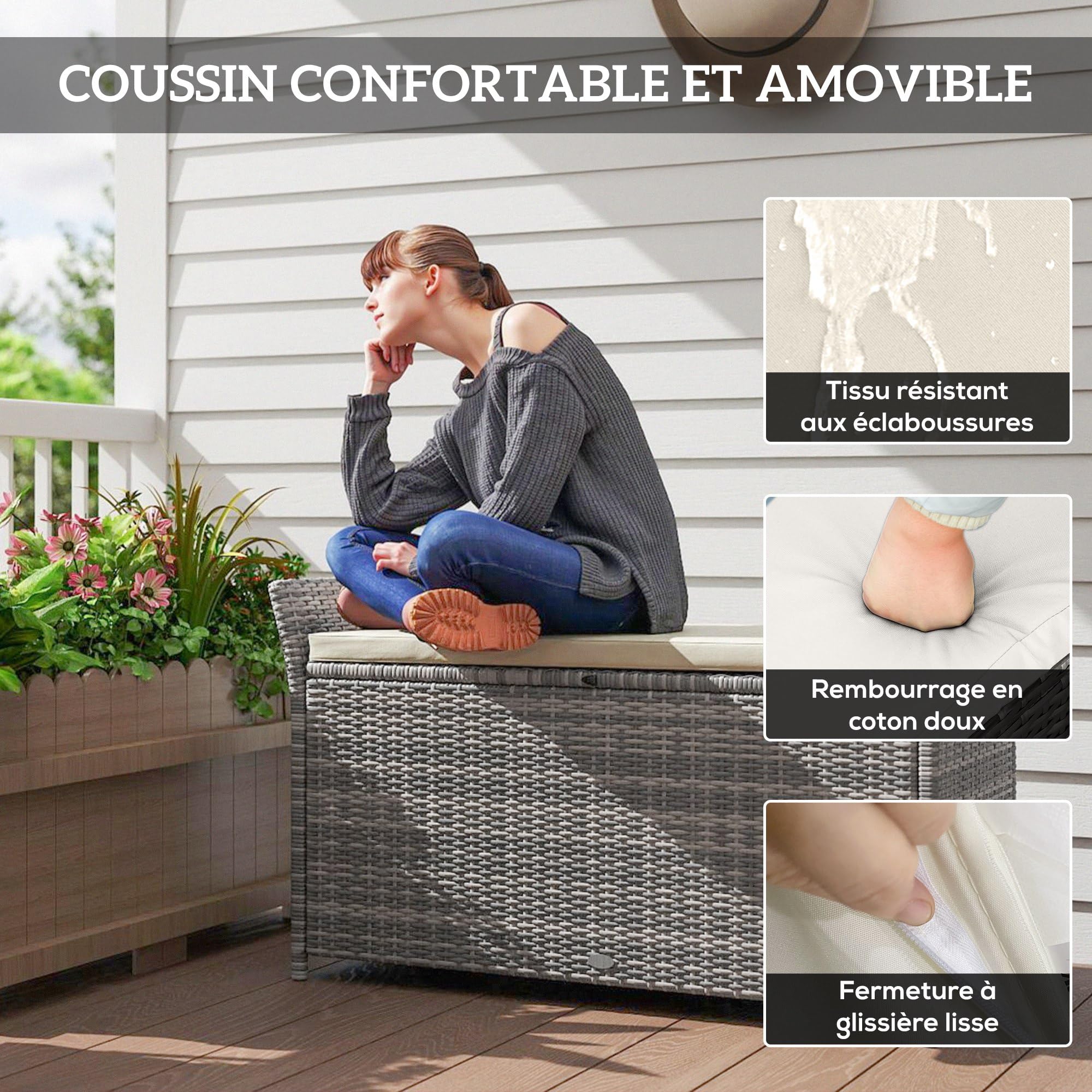 Outsunny Coffre de Rangement Extérieur 250L 125 x 55 x 70 cm crème et Gris | en Résine Tressée, Banc de Rangement, Coussin Amovible, Jardin Balcon Patio