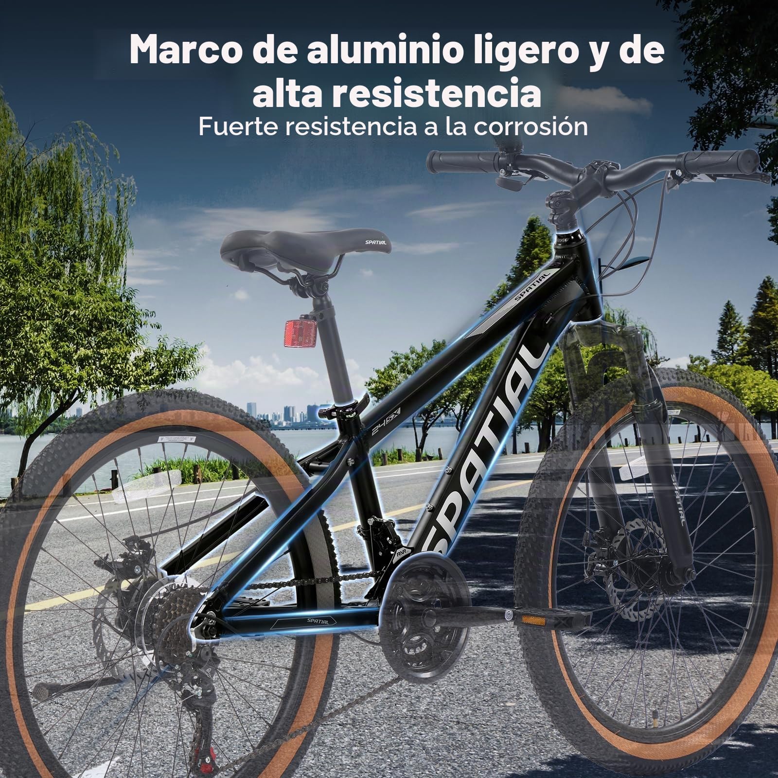 SPATIAL MTB Bicicleta de Montaña para Adultos y Jóvenes - 29/27,5/26/24 Pulgadas, 8/21 Velocidades, Frenos de Disco Mecánicos Dobles, Cuadro de Aluminio, Suspensión Delantera, Asiento Ajustable