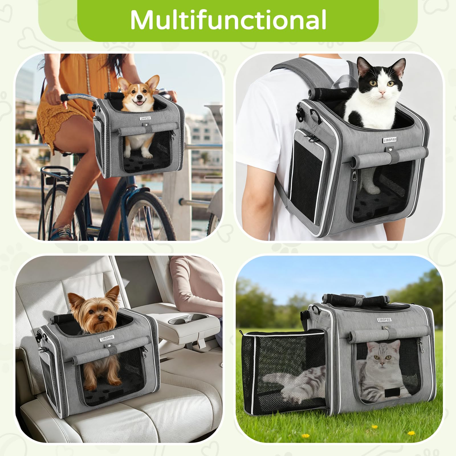 Cesta de bicicleta para perro, cesta delantera con 4 puertas abiertas, 4 ventanas de malla, cesta de bicicleta extensible y plegable en la parte delantera para gatos y perros de tamaño pequeño y