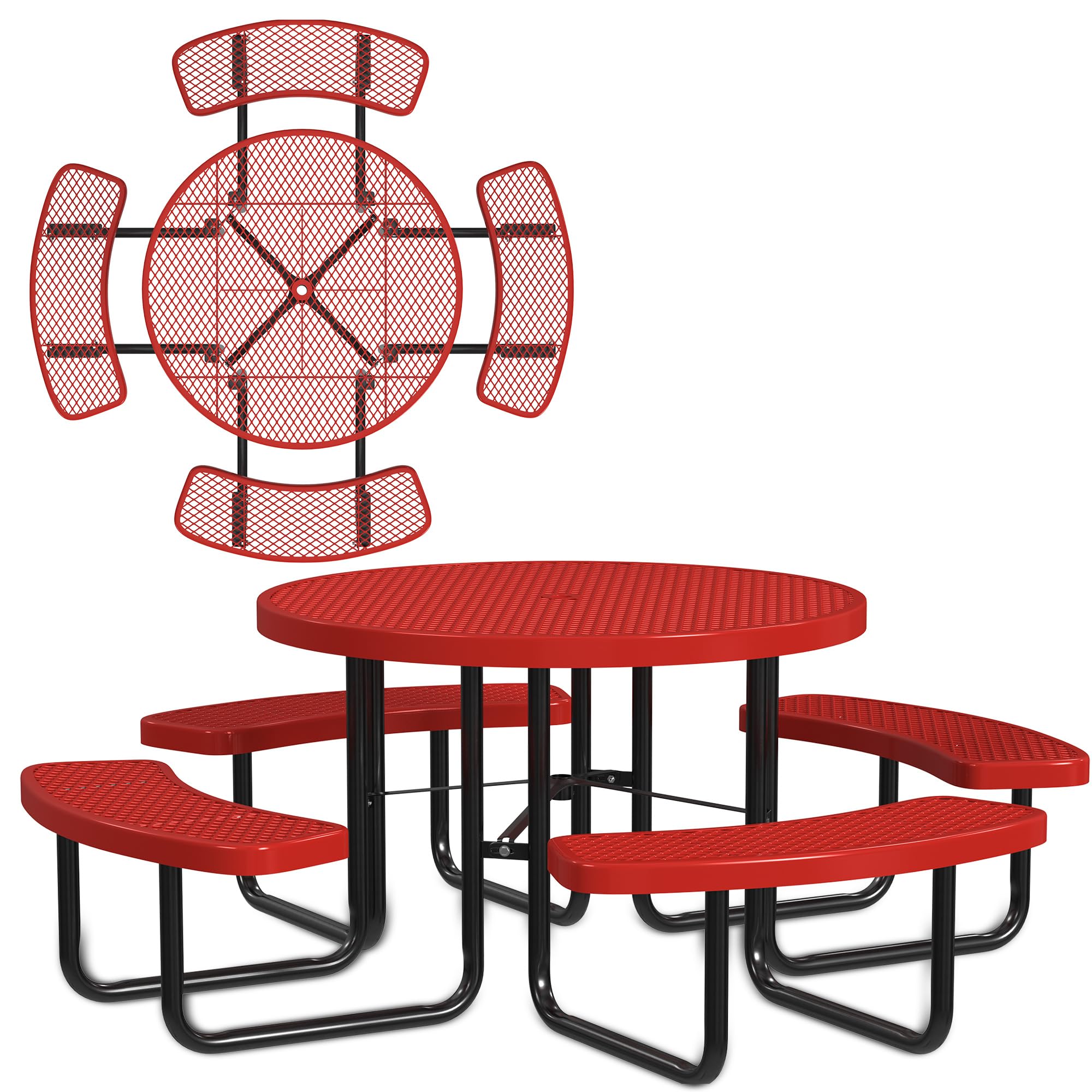 Leisure Craft Metal Picnic Table with Bench - 46" Round Outdoor Dining Table for 8 with Umbrella Hole, Weatherproof Heavy Duty Thermoplastic Coating,