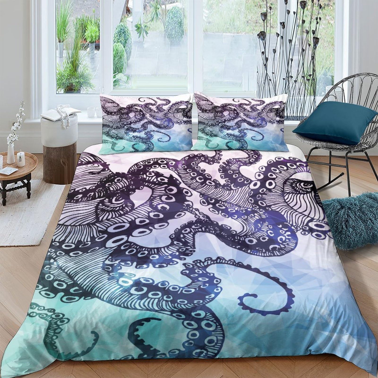 Ctjqhvkz Style-1 3D Printed Octopus Ocean Fitted Sheet Microfiber Soft Blue Purple Underwater Mattress Cover Bedroom Decor Single（135X200cm）
