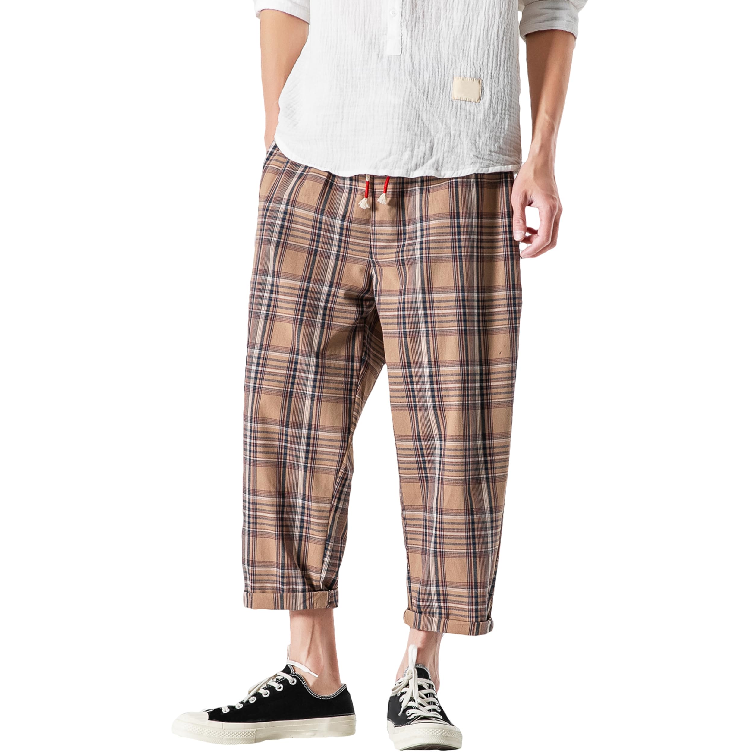 PRIJOUHE Men's Casual Capri Pants Elastic Waist Wide Leg Loose Baggy Harem Pants Breathable Summer Beach Pant