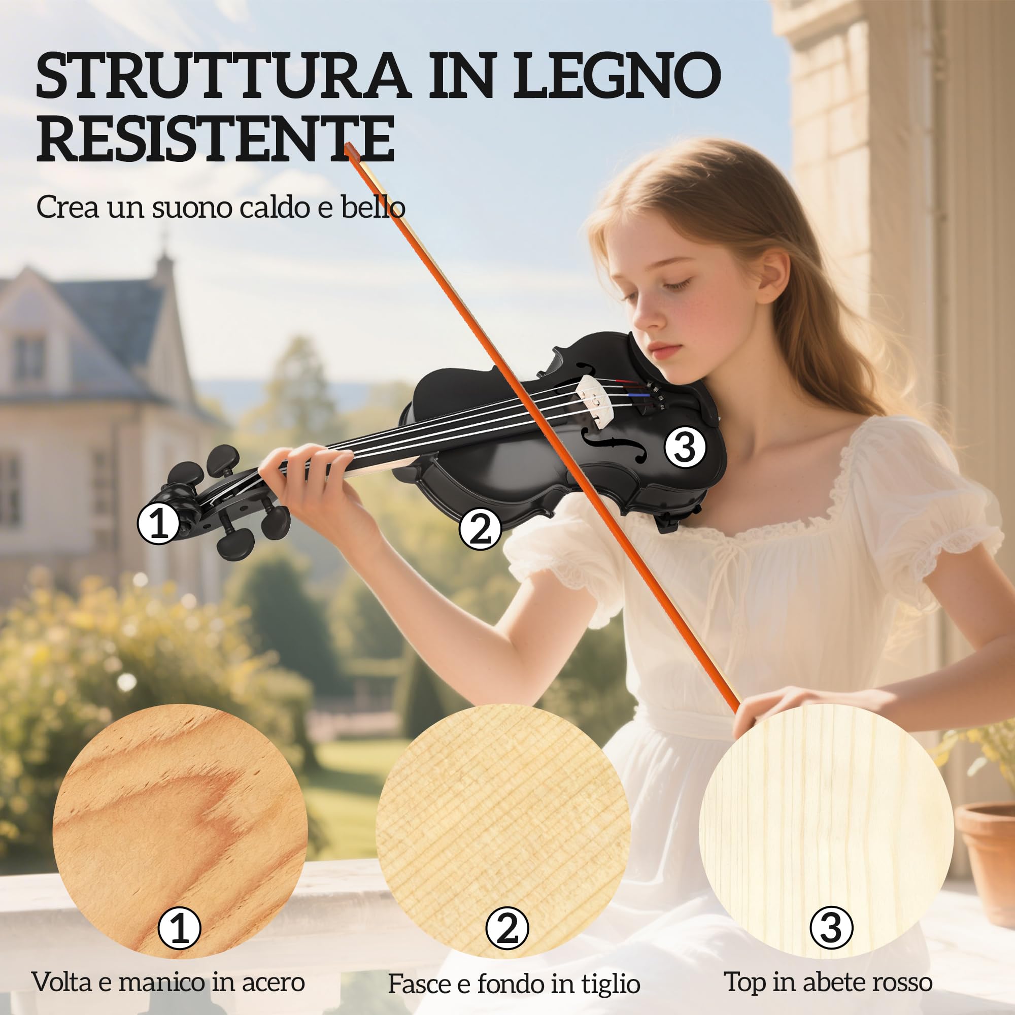 HOMCOM Violino 4/4 in Legno per Principianti e Adulti con Custodia Nero | Arco, Spalliera, Pece, Tavola in Compensato Abete, Manico e Testa in Acero