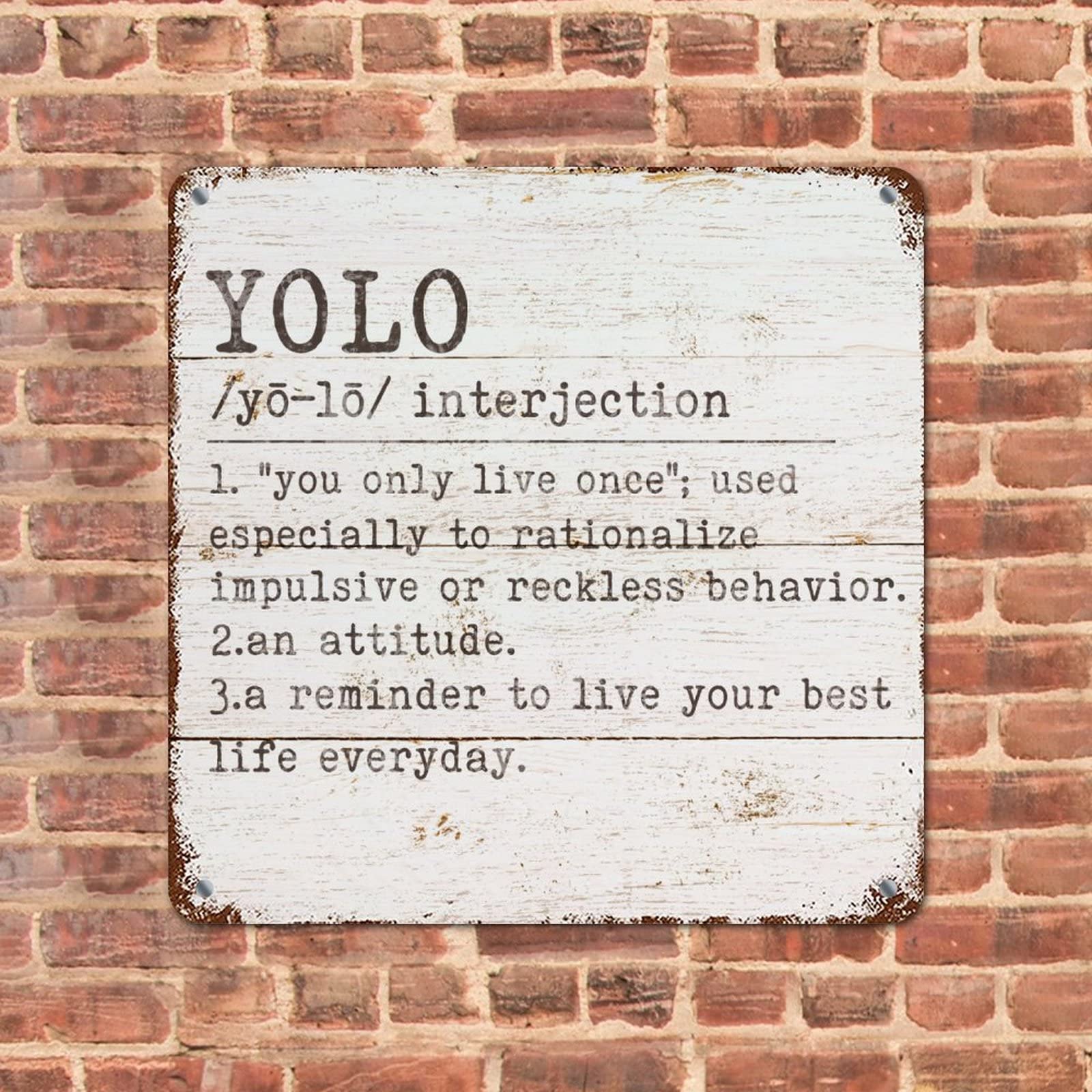 Family Saying Metal Sign with Linguistics YOLO Definition Wood Grain Funny Shabby Metal Sign for Farmhouse Porch Store Wall Decor 15x15in