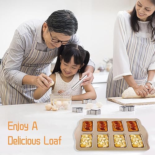 Miniatura 5 de Mini molde para pan, 8 cavidades antiadherentes de acero al carbono Brownie para hornear horno, cuadrado dorado