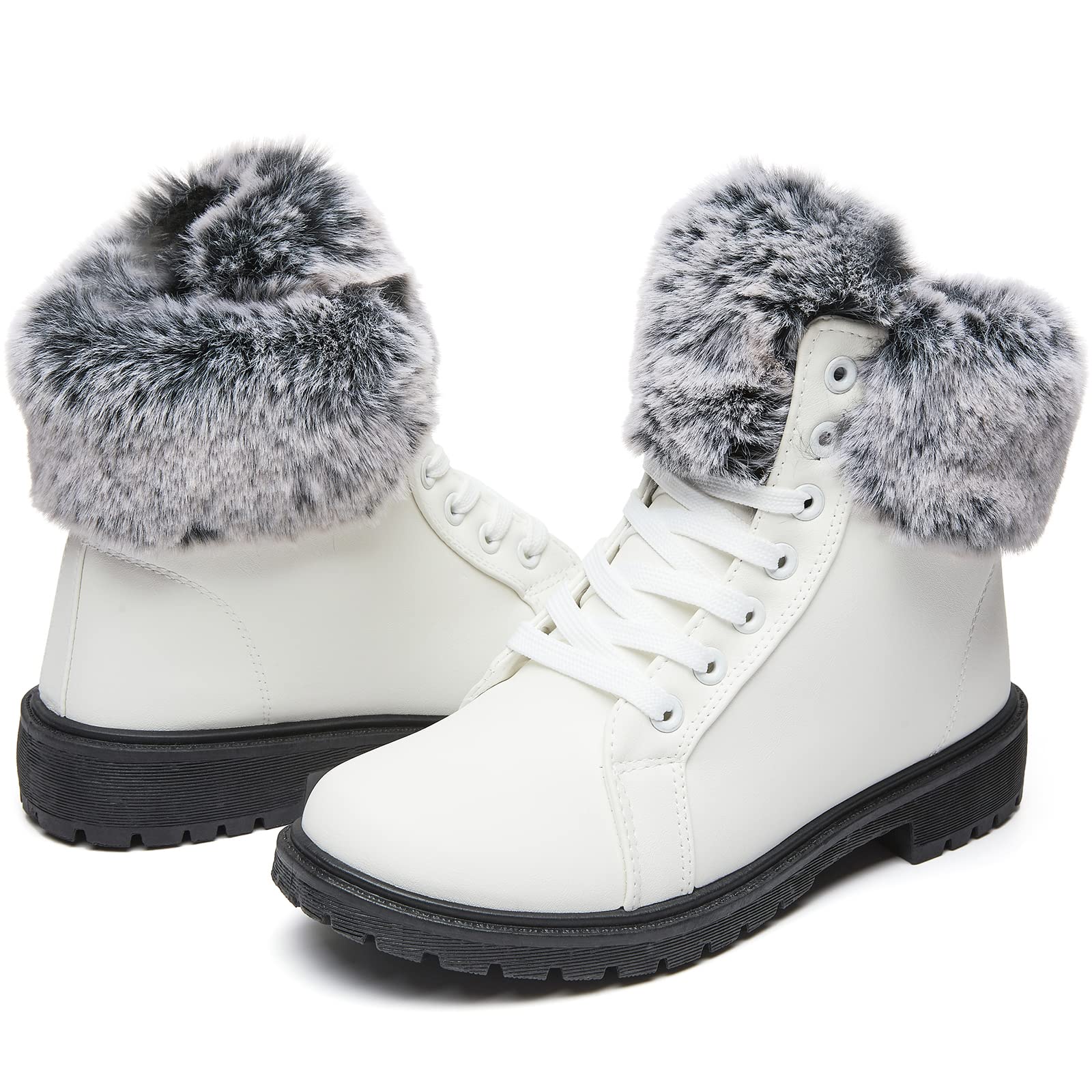 yegeyan Womens Snow Boots PU Winter Ankle Booties Fur Lined Anti-Slip Combat Boots