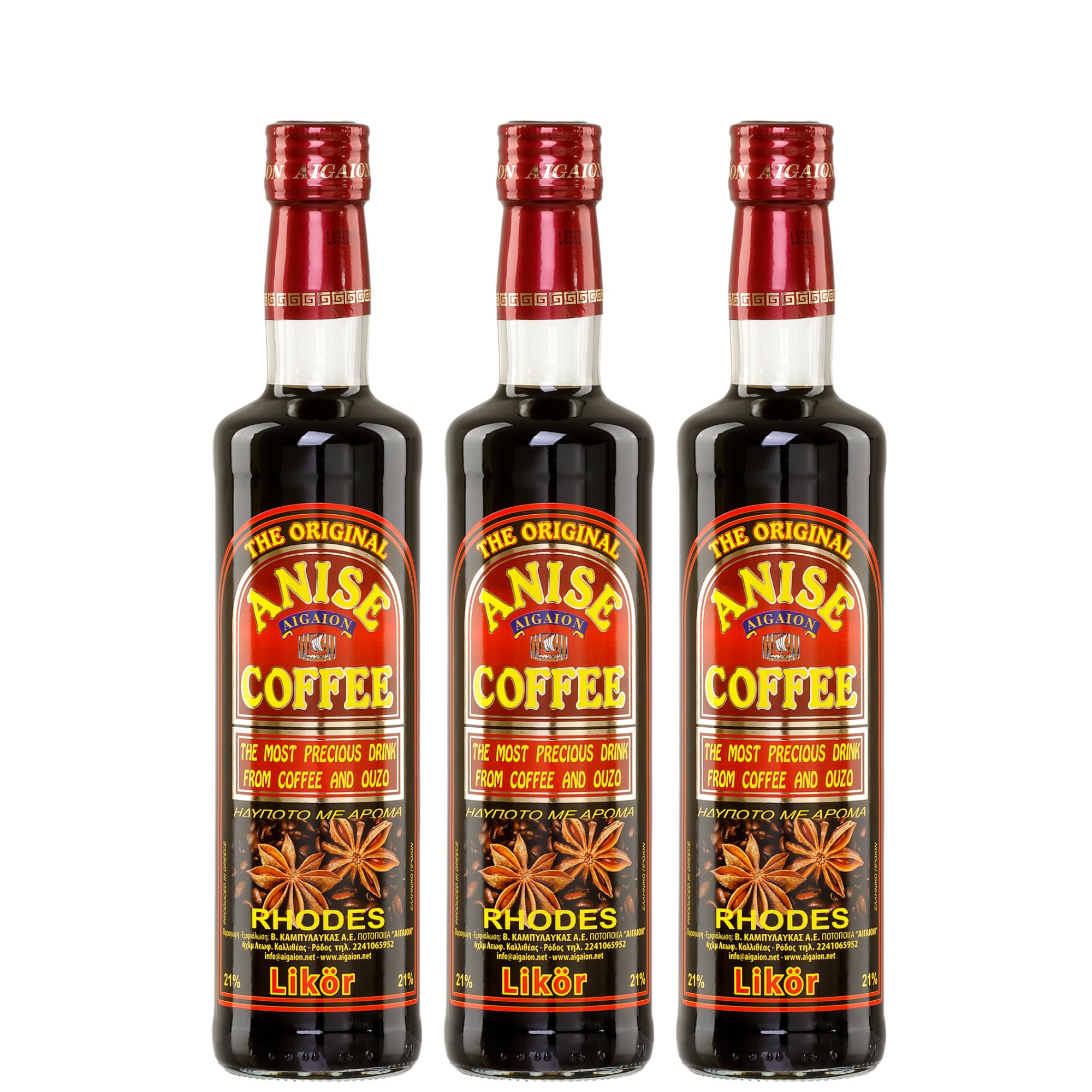 Kaffee Ouzo Likör 3x 0,5l 21% | Das Original von Rhodos | Coffee Anise Aigaion| + 20ml Jassas Olivenöl