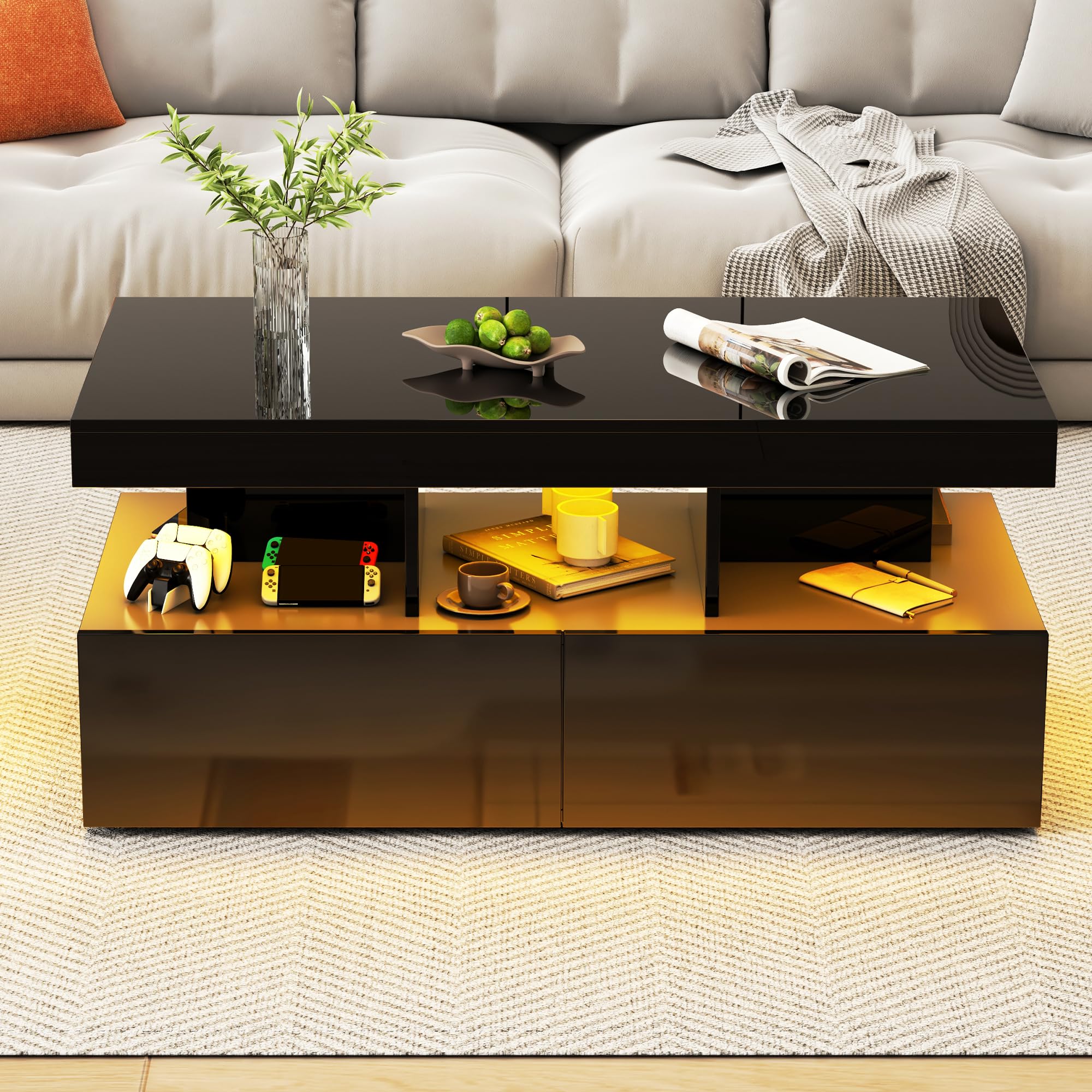 BRILVERDE mesa de centro de alto brillo, salón con LED de 16 colores y 2 cajones, sofá moderno con almacenamiento, auxiliar con 5 estantes (negro, 104 x 53 x 46 cm)