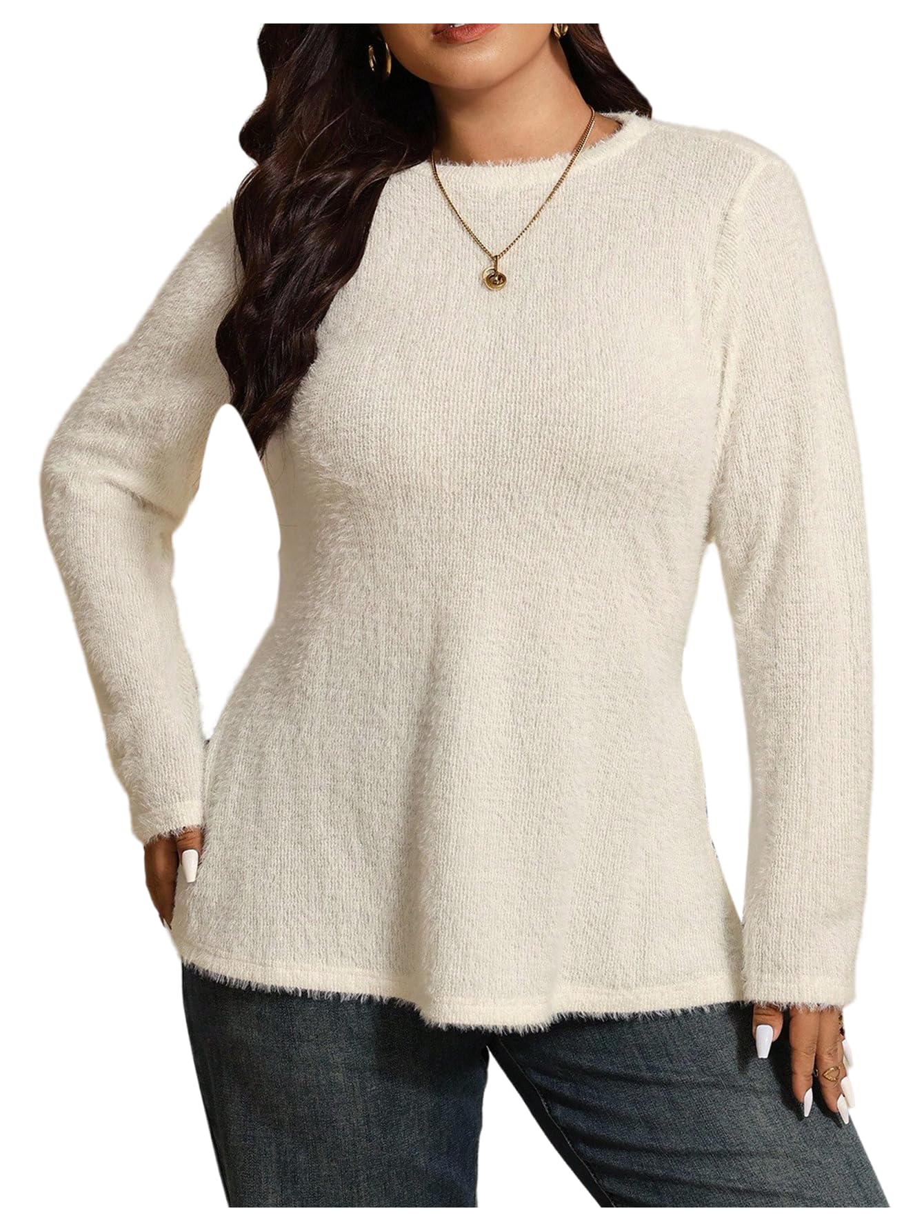 Womens Plus Size Fuzzy Sweater Side Slit Crew Neck Long Sleeve Knit Old Money Pullover Jumper Tops