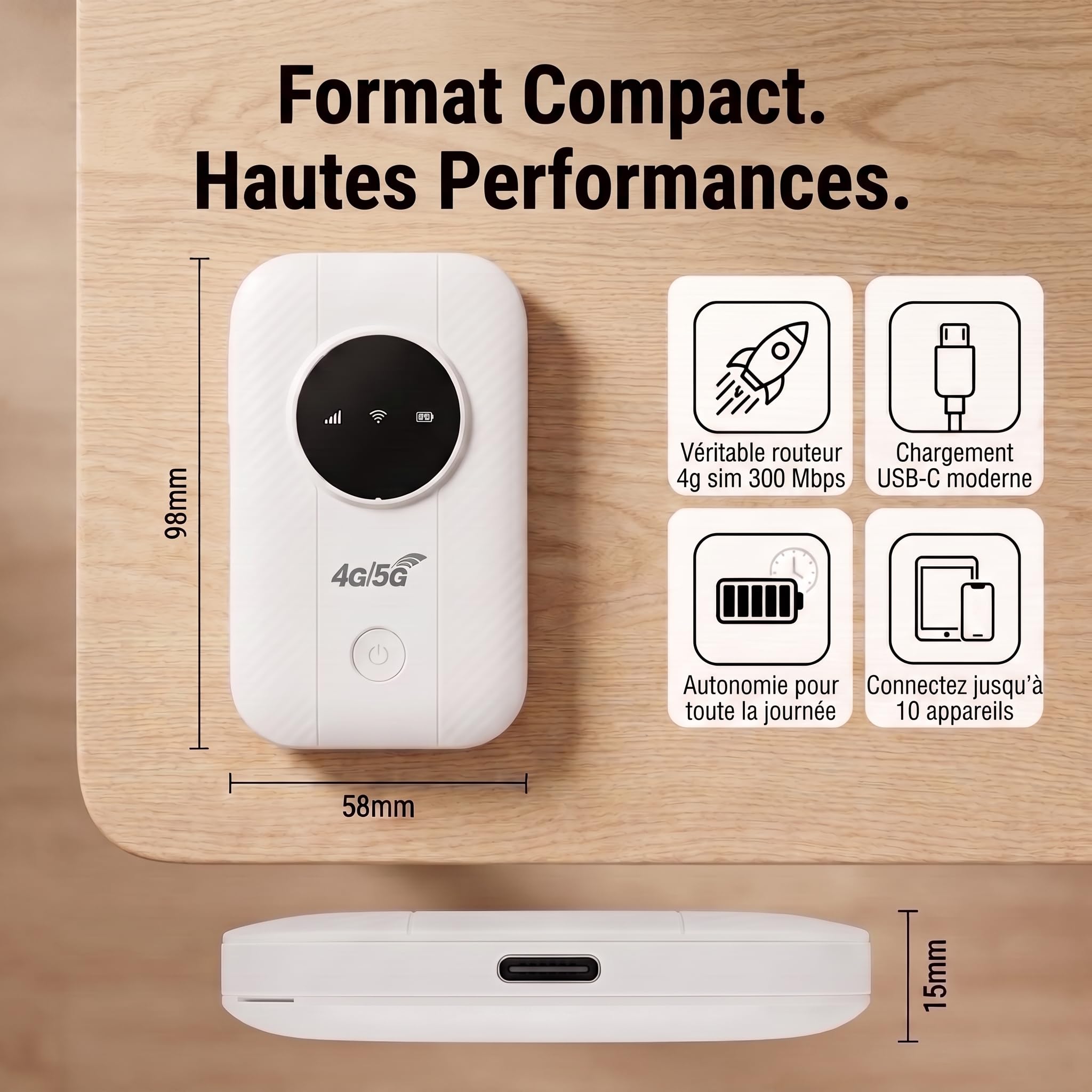 Routeur 4G/5G Portable avec Slot SIM Déverrouillé | Routeur Mobile WiFi 6 | Pocket WiFi 300 Mbps de Voyage Plug & Play (Idéal Camping-Car, Camping, Voyages d'affaires) | Connecte Jusqu'à 10 Appareils
