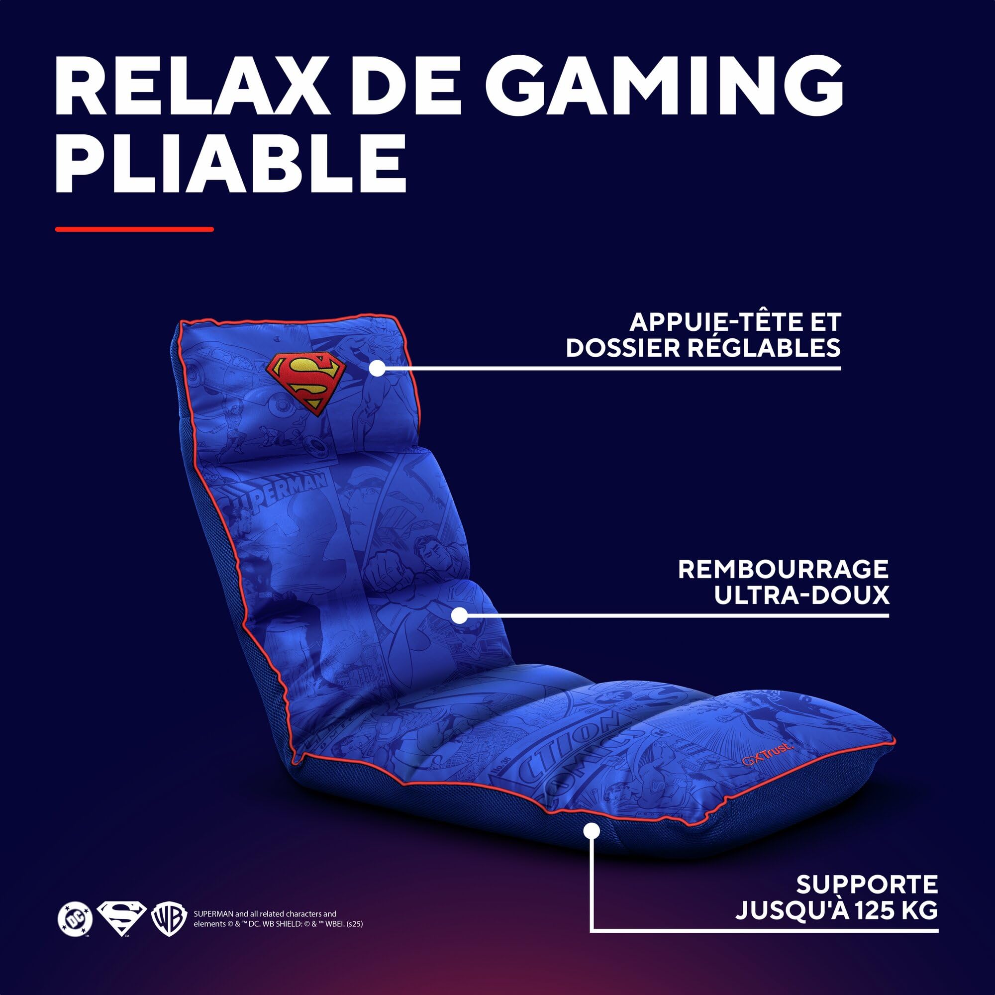 GXTrust Rayzee Chaise Gaming Pliable avec Licence Superman, Bleu | Coussin De Sol Réglable pour Consoles, Supporte Jusqu'à 125 kg, Fauteuil Gamer pour Jeux Relax Enfant Lecture