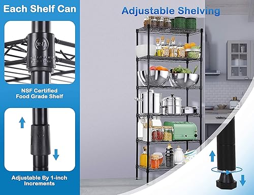 Miniatura 5 de Estantería de alambre de metal de 6 niveles, estante de almacenamiento ajustable en altura con certificación NSF, estantes de almacenamiento de 900