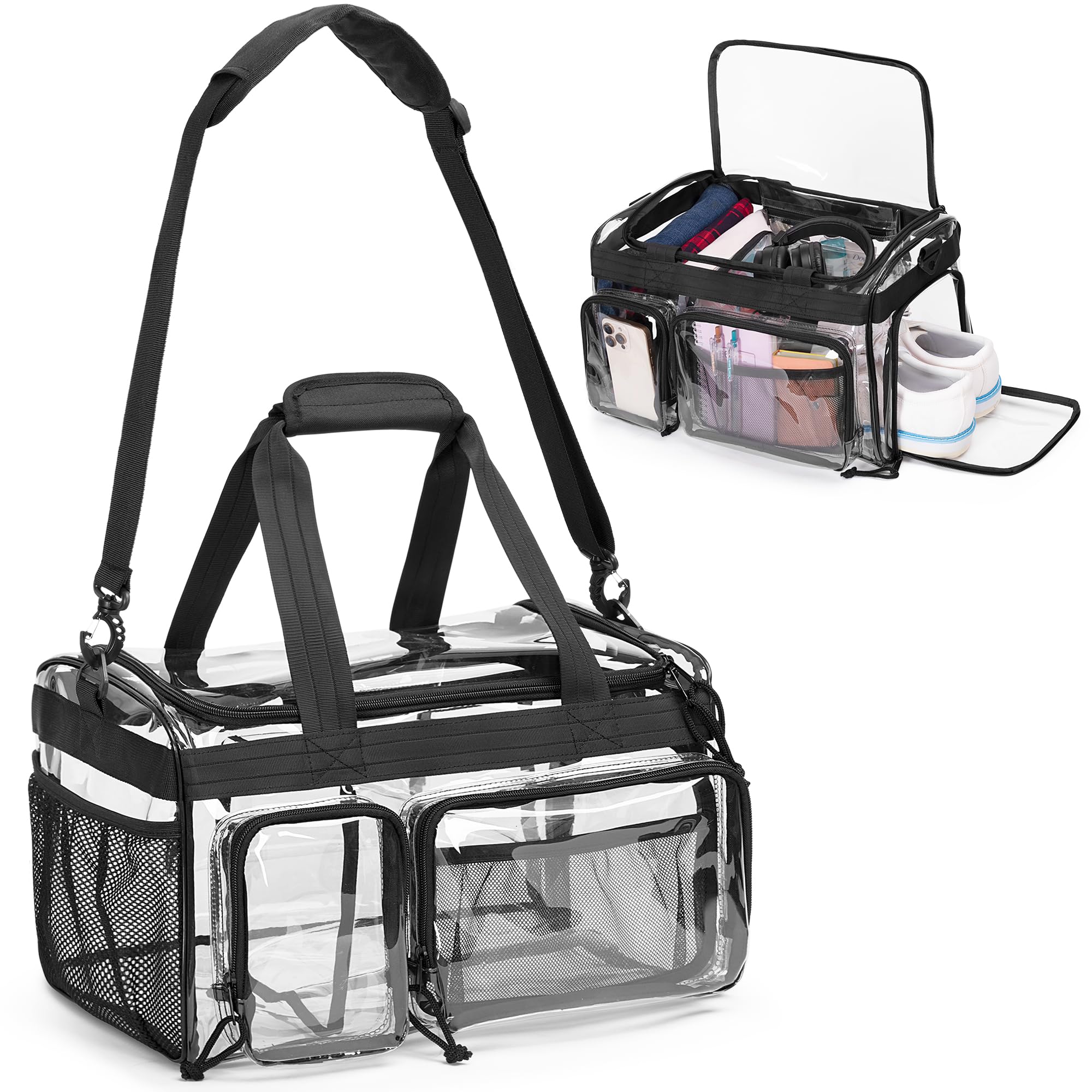 Yarwo Large Clear Gym Bag with Shoes Compartment, Stadium Approved PVC Duffle Bag with Multiple Pockets and Shoulder Strap, Waterproof Carry On Tote