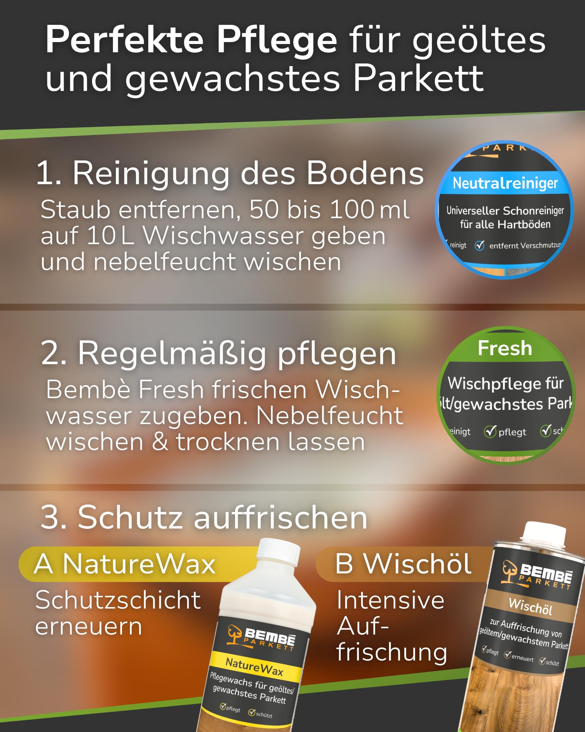 Bembé Erstpflege-Set für geöltes Parkett I Pflegewischer + 1 L Fresh + 1 L Neutralreiniger I Parkettpflege für geöltes & gewachstes Parkett I Reinigt, schützt & pflegt I Seidenmatt & rutschhemmend