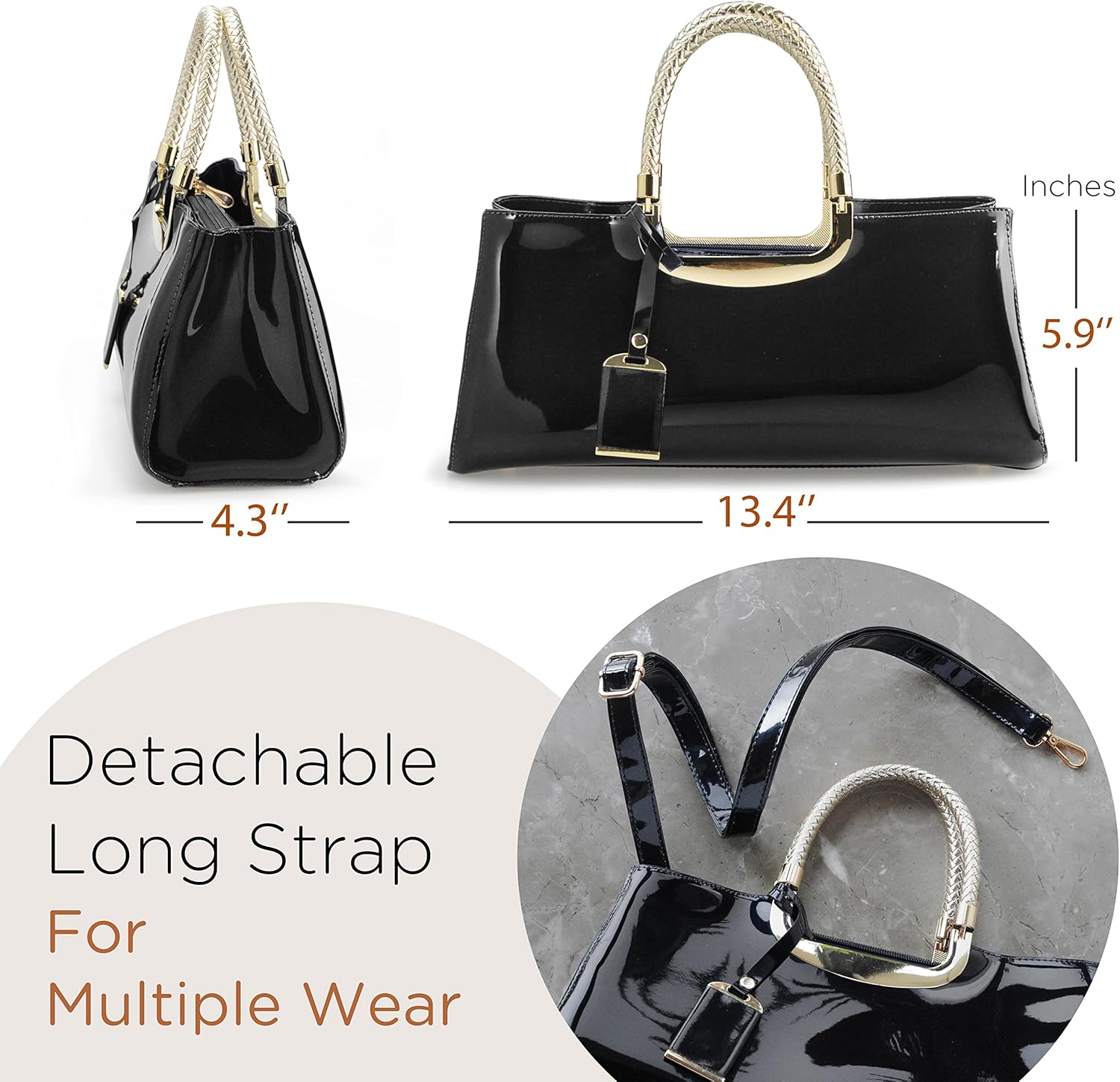 HOXIS Glossy Faux Patent Leather Structured Shoulder Handbag Women Evening Party Satchel - Image 4