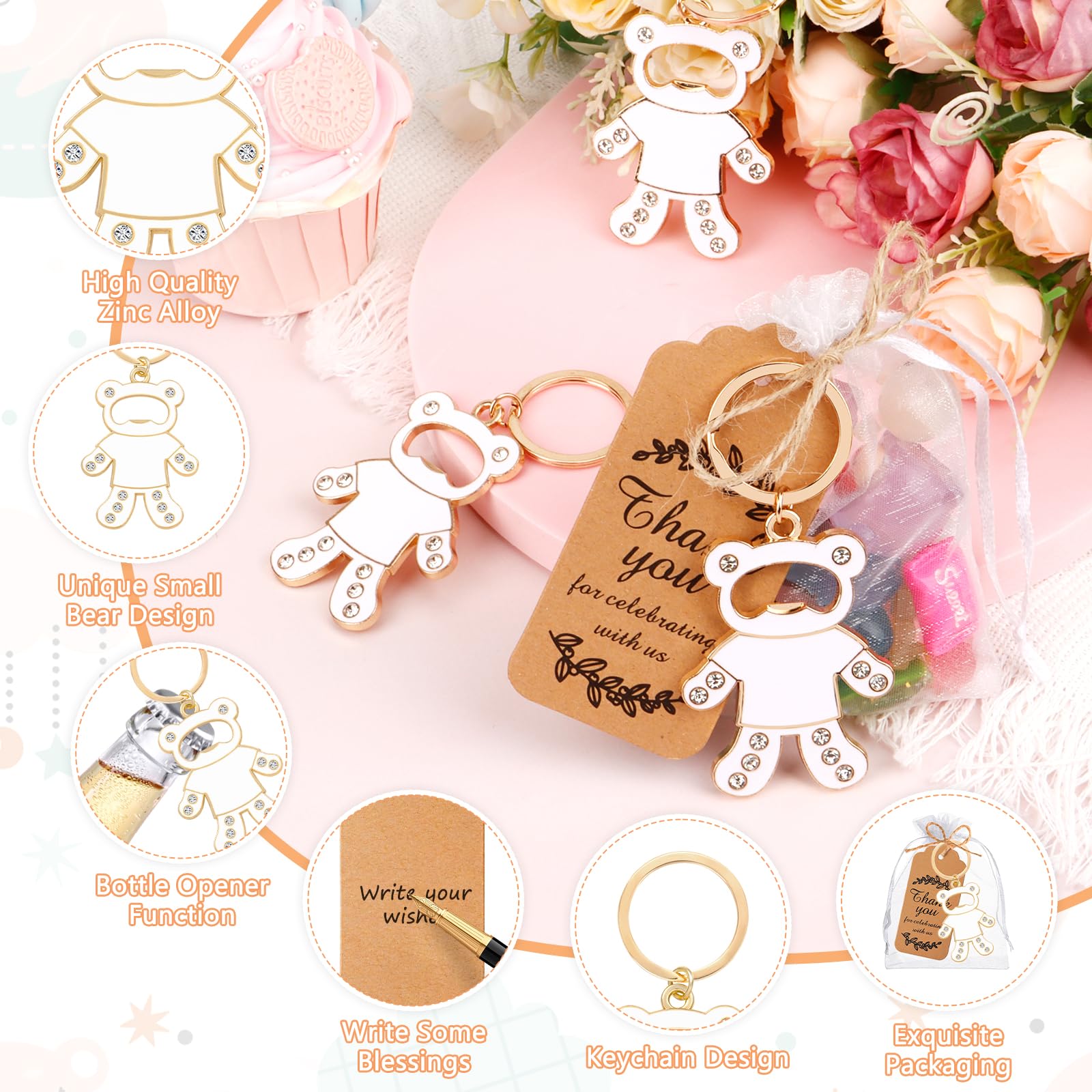 50 apribottiglie a forma di orso, portachiavi sfuso per baby shower, bomboniere per gli ospiti, grazioso portachiavi con diamanti e etichette per sacchetti in organza, per rivelare il genere a tema