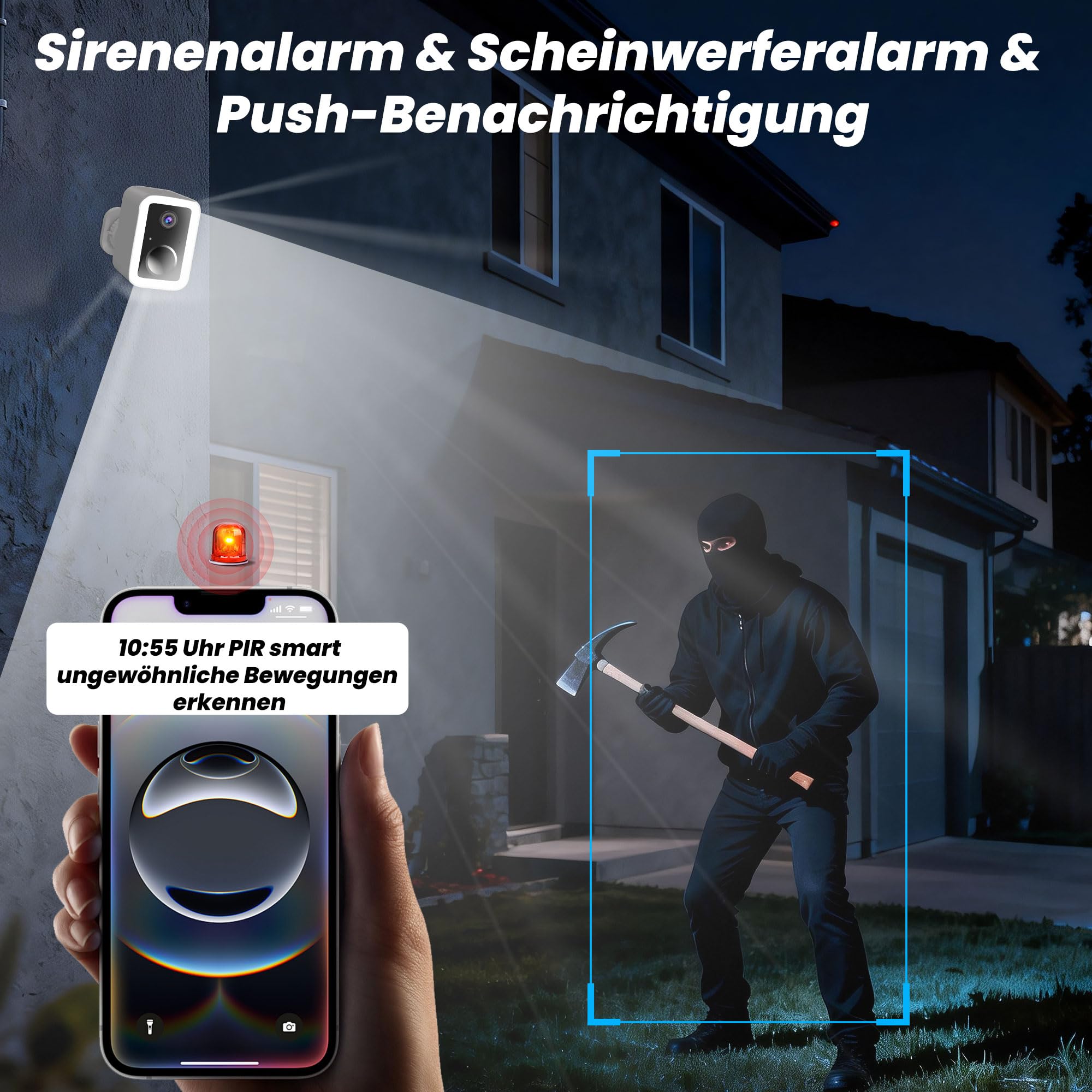 Funstorm 2K WLAN Überwachungskamera Aussen mit Akku, Dualband WLAN 2.4/5GHz | Kabellose Smart PIR Bewegungsmelder Flutlicht & Sirene, Lokaler Speicher & Cloud, IP66 Wasserdicht