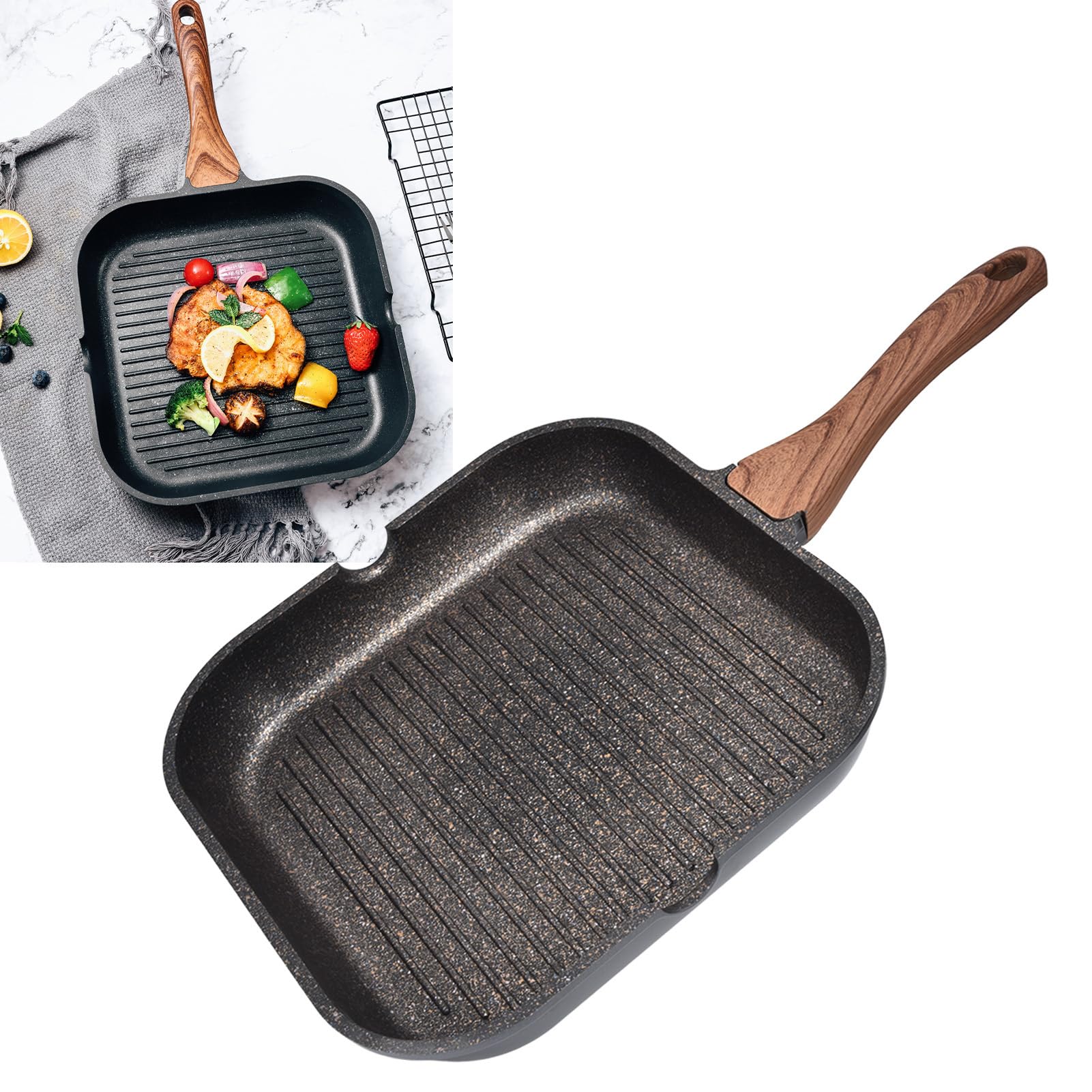 Haofy Kwadratowa Patelnia Grillowa o Grubości 4,5 Mm, Aluminiowa, Kompatybilna z indukcją, z Równoległymi Krawędziami do Odprowadzania Tłuszczu - Patelnia z powłoką nieprzywierającą do Grillowania