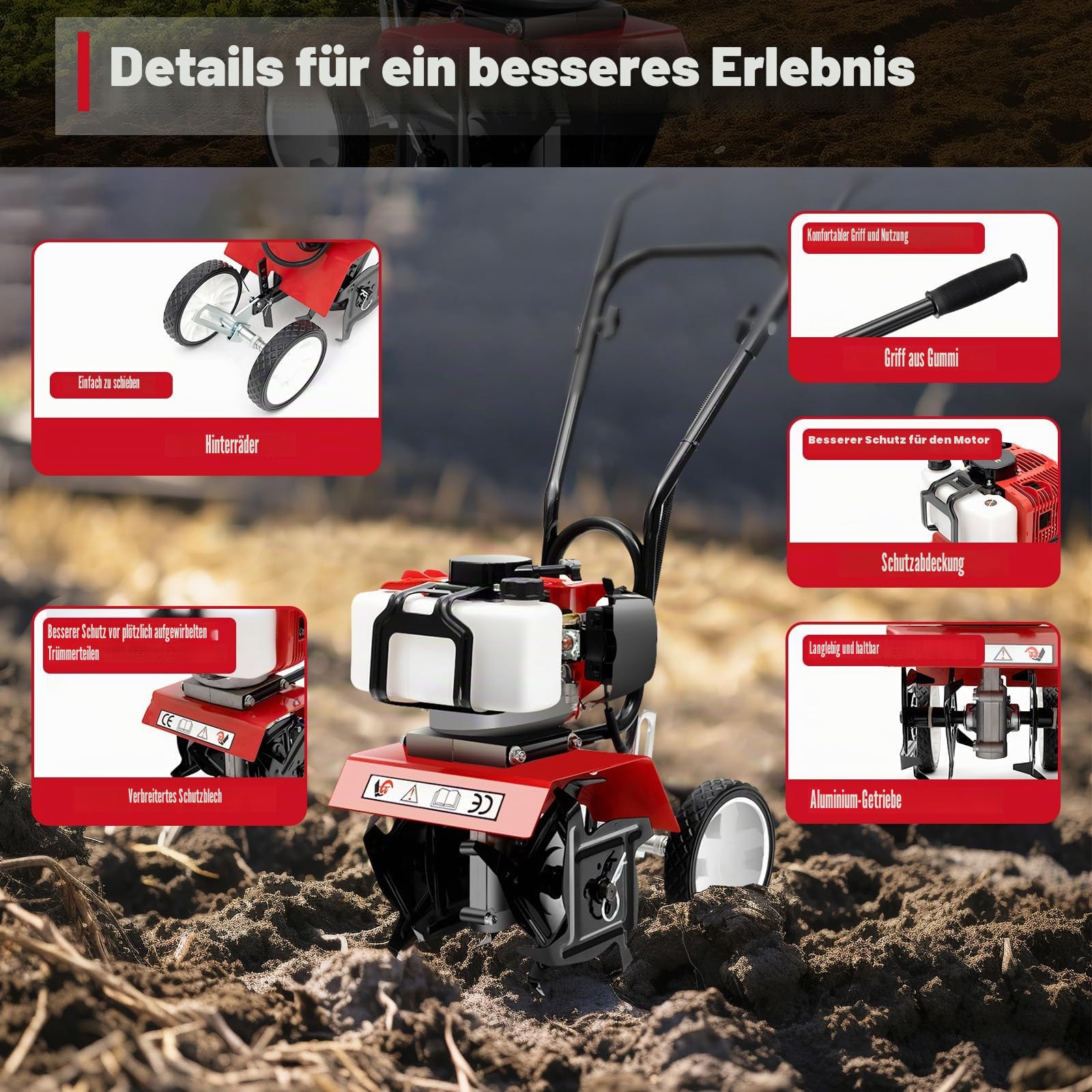 52CC 2-Takt Gartenfräse Motorhacke, 1900W Gartenfräse Benzin Kultivator Bodenhacke Bodenfräse Fräse, Benzin-Bodenbearbeitungsmaschine Motorhacke Radantrieb Ackerfräse Bodenfräse Kultivator